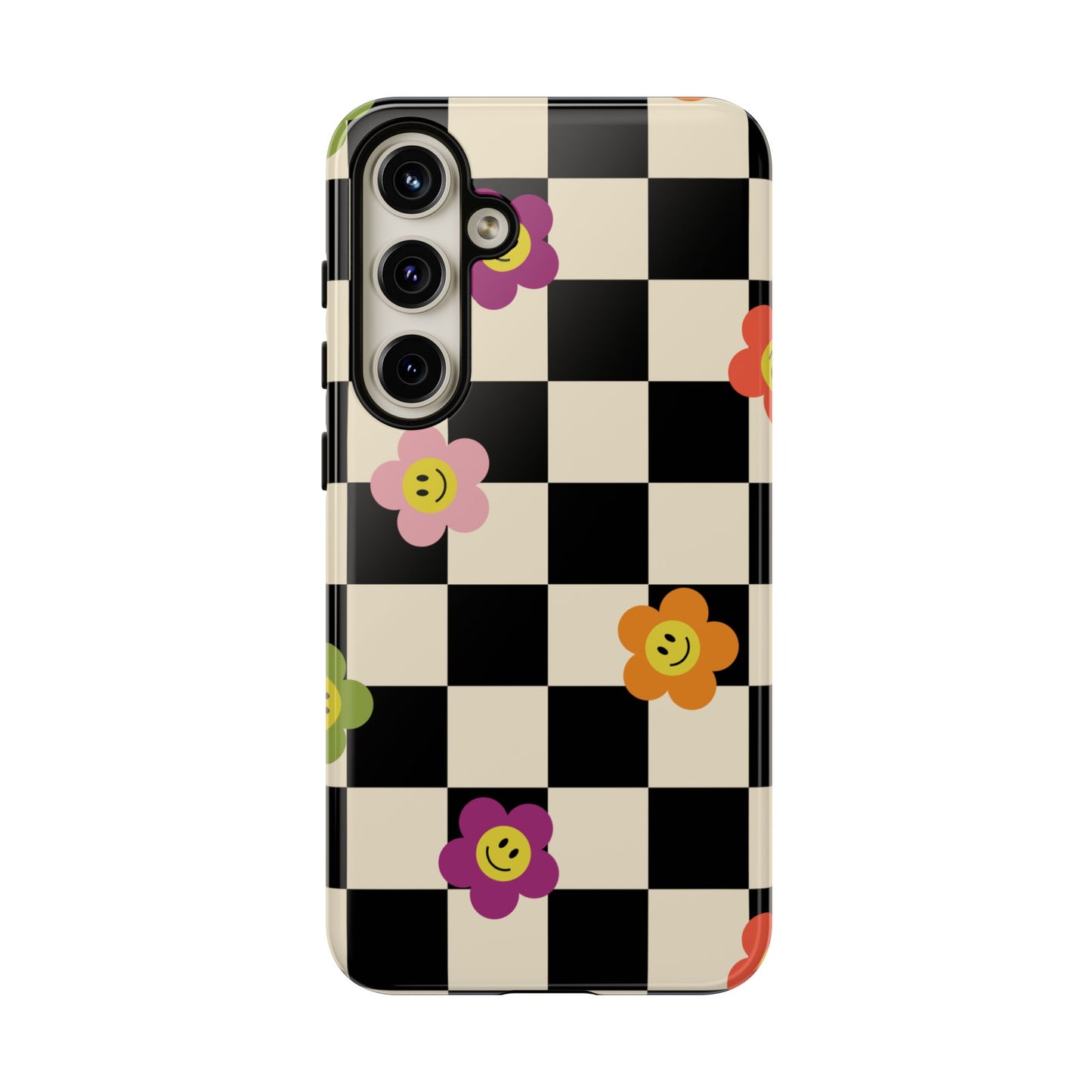 Retro Floral Phone Case – Vintage Flowers on Black & Beige Tiles, Chess Phone Case | For iPhone, Samsung & Google Pixel