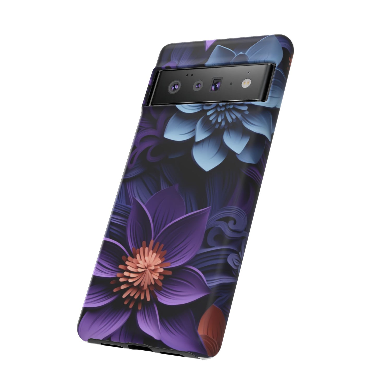 3D Floral Elegance Mobile Case – Midnight Blue & Purple Bloom