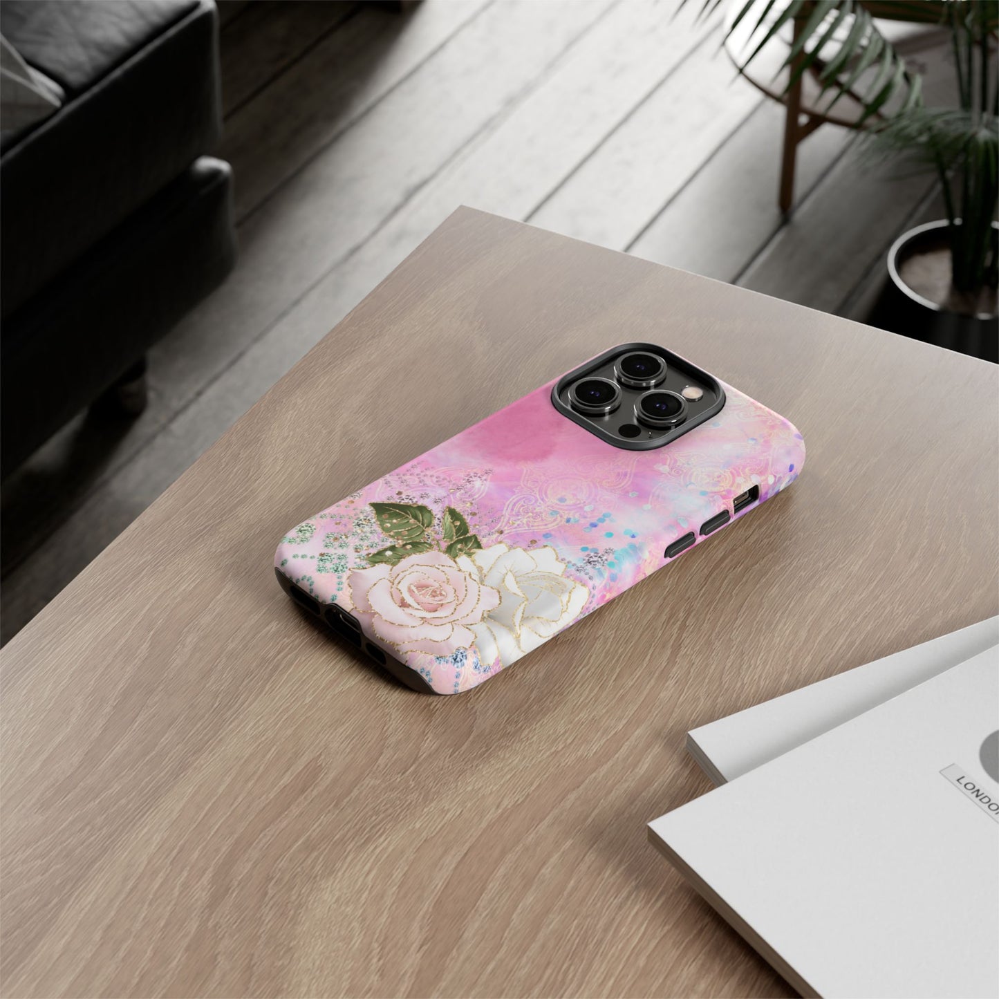 Luxury Pink & White Rose Glitter Mobile Case – Elegant & Shimmering Design