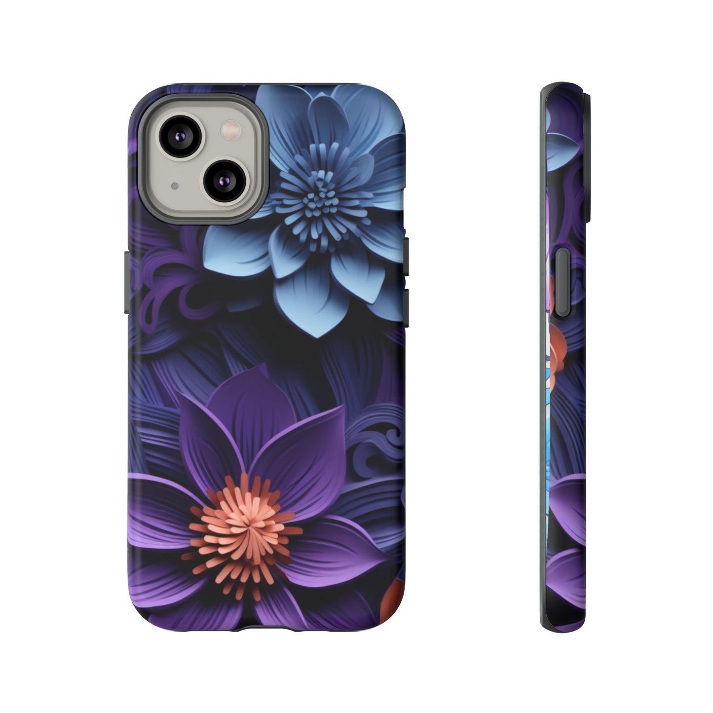 3D Floral Elegance Mobile Case – Midnight Blue & Purple Bloom