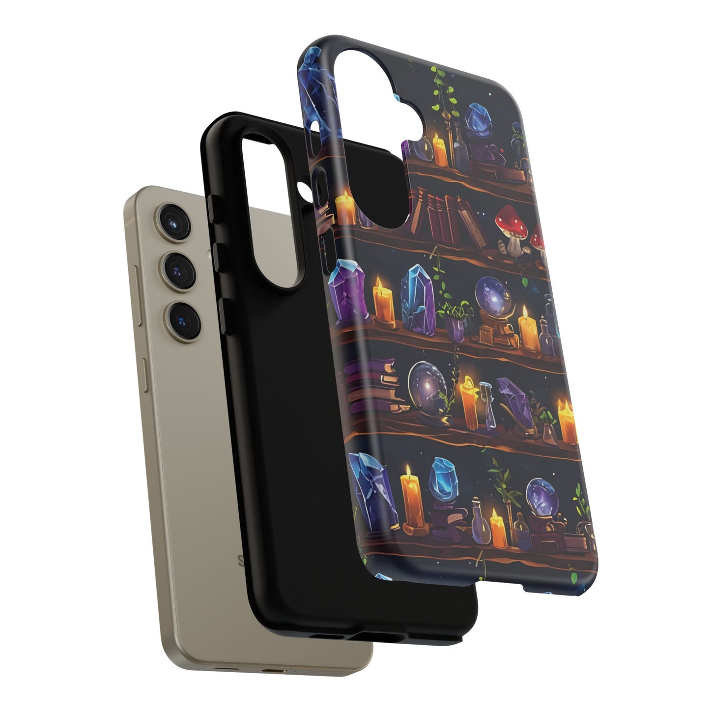 Fantasy Seamless Pattern Of Wooden Shelves Filled With Mystical Items phone case design.