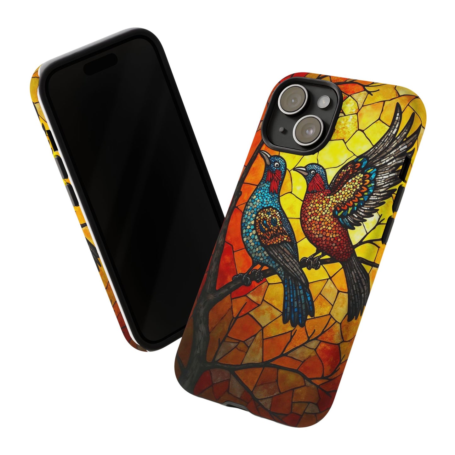 Vibrant Hummingbirds with Stained Glass Charm