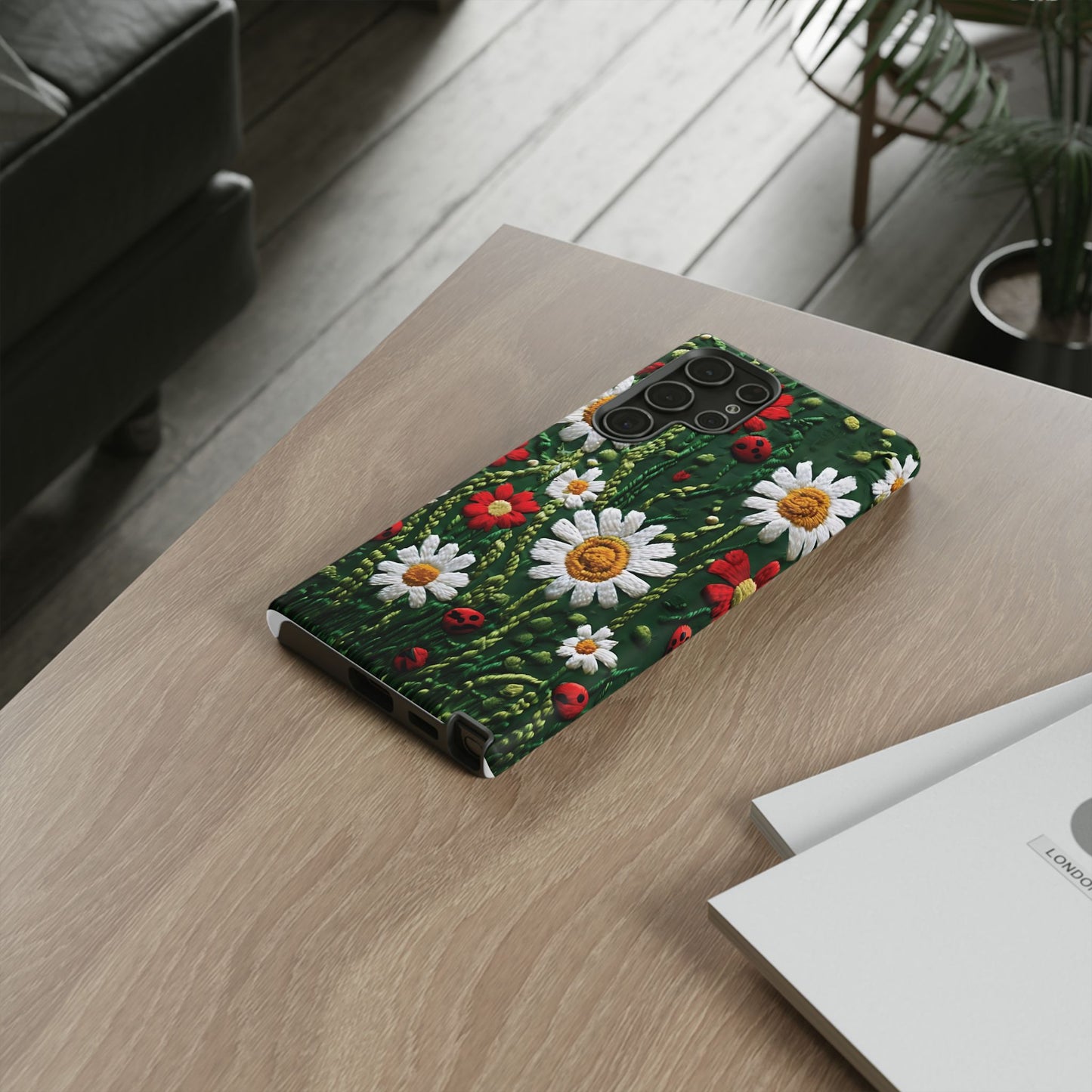 Knitted Pattern With Diamonds And Festive Motifs On Navy phone case design.