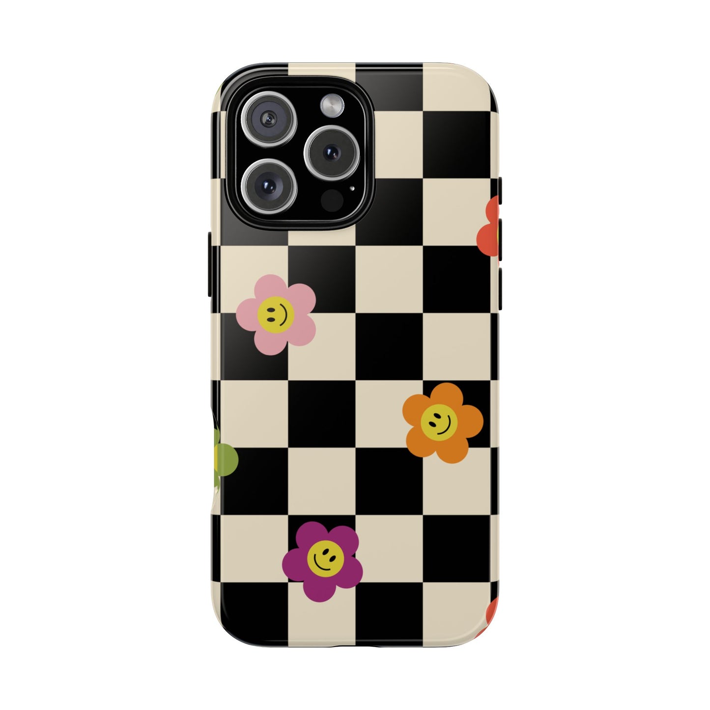 Retro Floral Phone Case – Vintage Flowers on Black & Beige Tiles, Chess Phone Case | For iPhone, Samsung & Google Pixel
