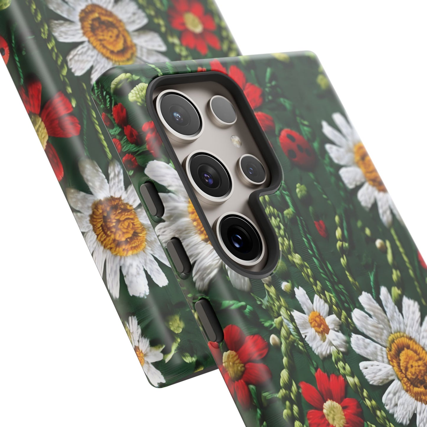 Intricate Embroidered Fabric Featuring Daisies And Ladybugs phone case design