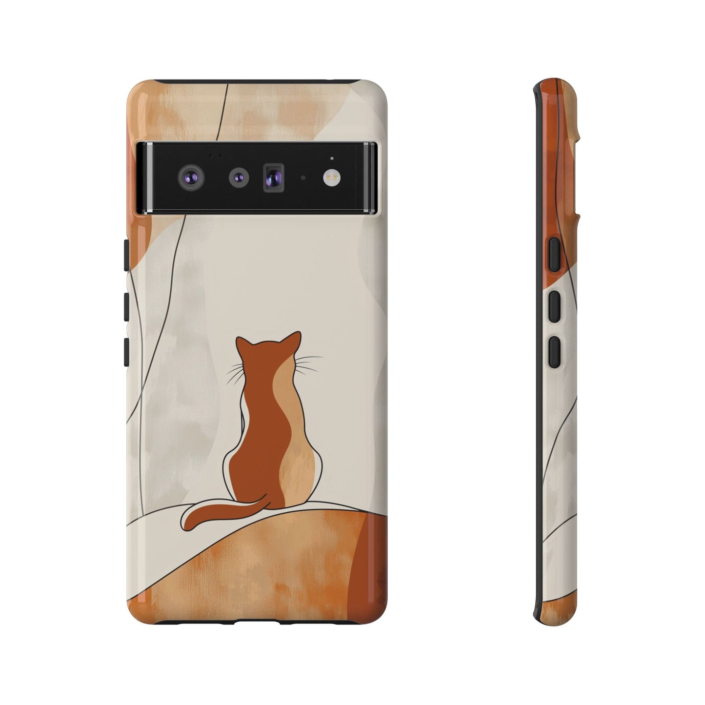 Contemplative Cat: Minimalist Sunset Phone Case for iPhone, Samsung & Pixel