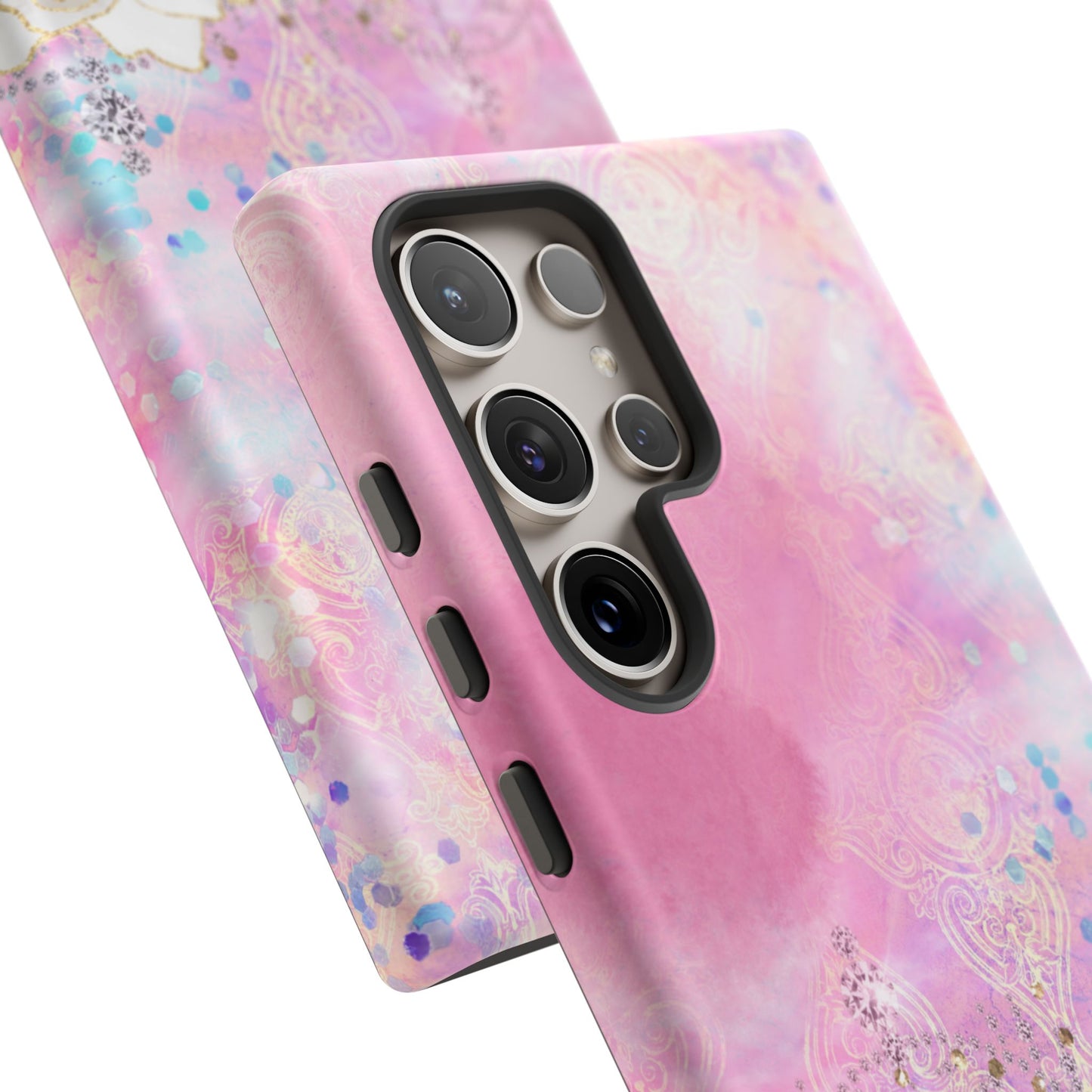 Luxury Pink & White Rose Glitter Mobile Case – Elegant & Shimmering Design
