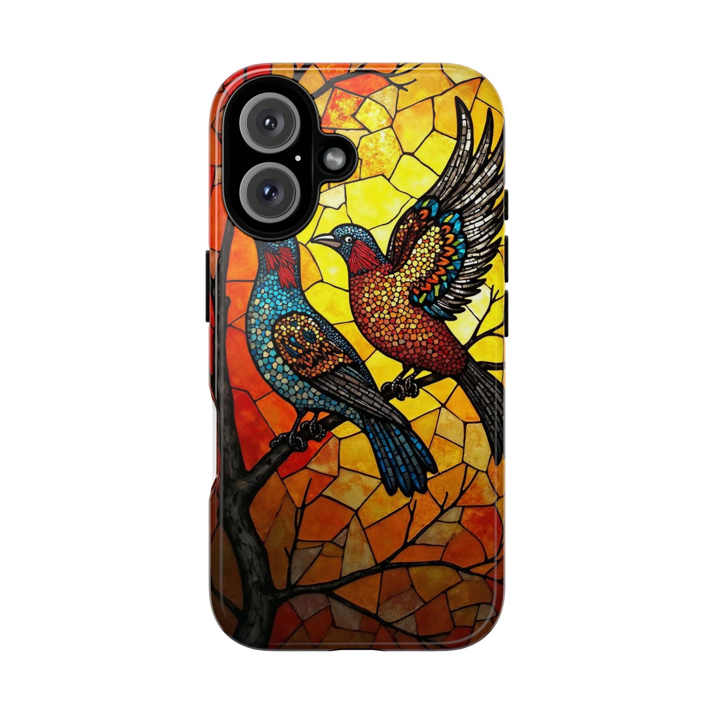 Vibrant Hummingbirds with Stained Glass Charm