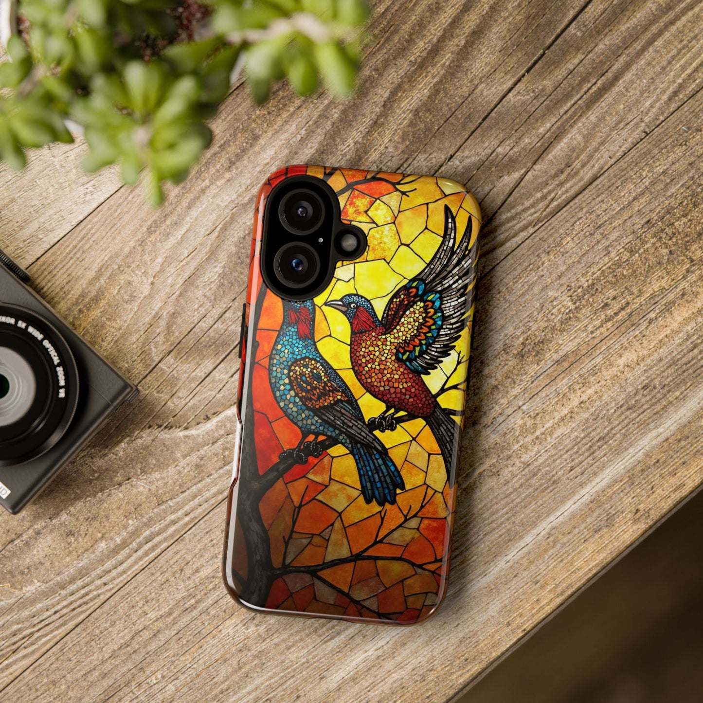Vibrant Hummingbirds with Stained Glass Charm