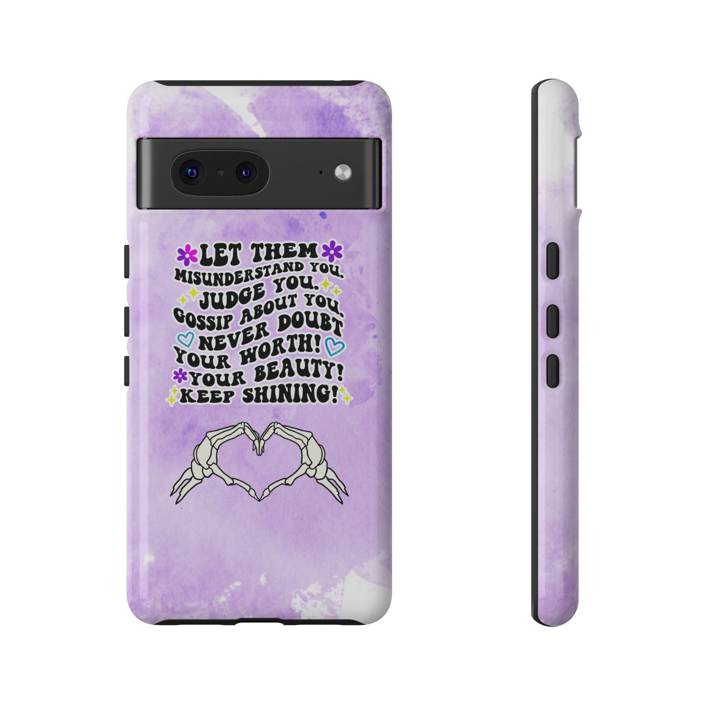 Skeleton Hand Heart Phone Case, Let Them Misunderstand You, Judge You, Gossip About You, Never Doubt Your Worth, Your Beauty Keep Shining Phone Case, Motivational Quote Cover for iPhone, Samsung & Google Pixel White Peach Checkered Pattern Phone Cover