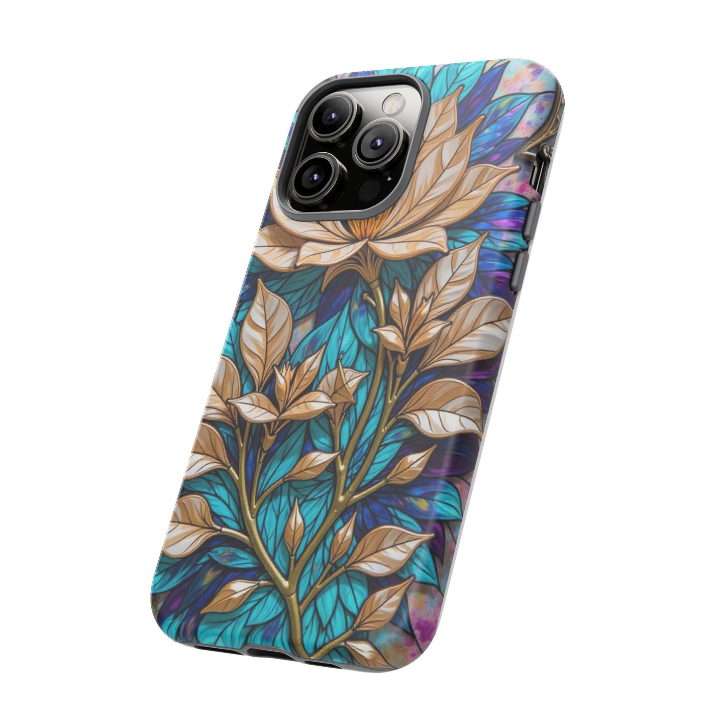 Majestic Golden Blossoms on Mosaic Blue Splendor