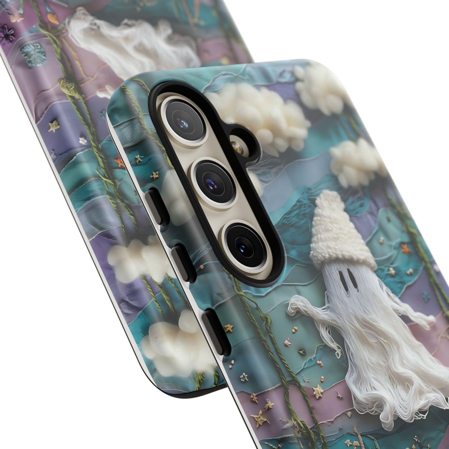 Whimsical Ghost Surrounded By Vibrant Embroidered Flowers phone case design.