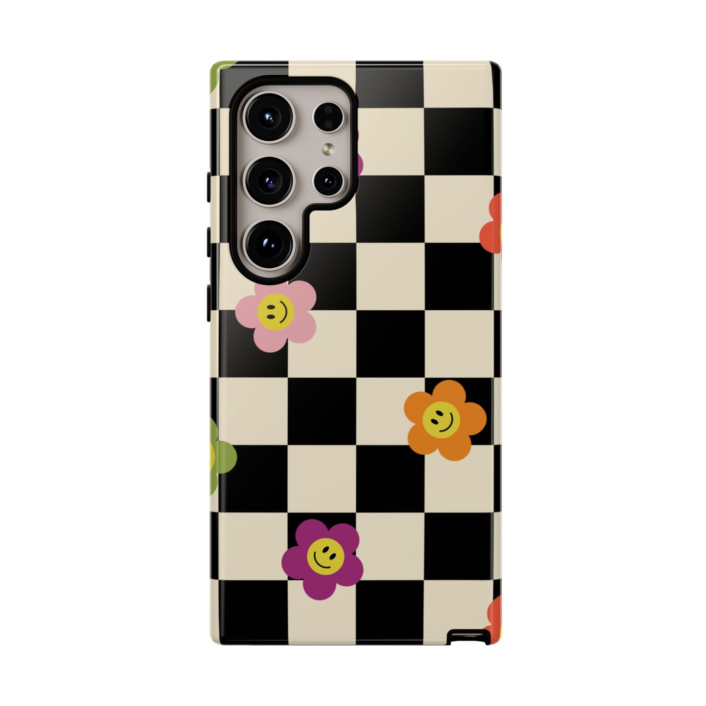 Retro Floral Phone Case – Vintage Flowers on Black & Beige Tiles, Chess Phone Case | For iPhone, Samsung & Google Pixel