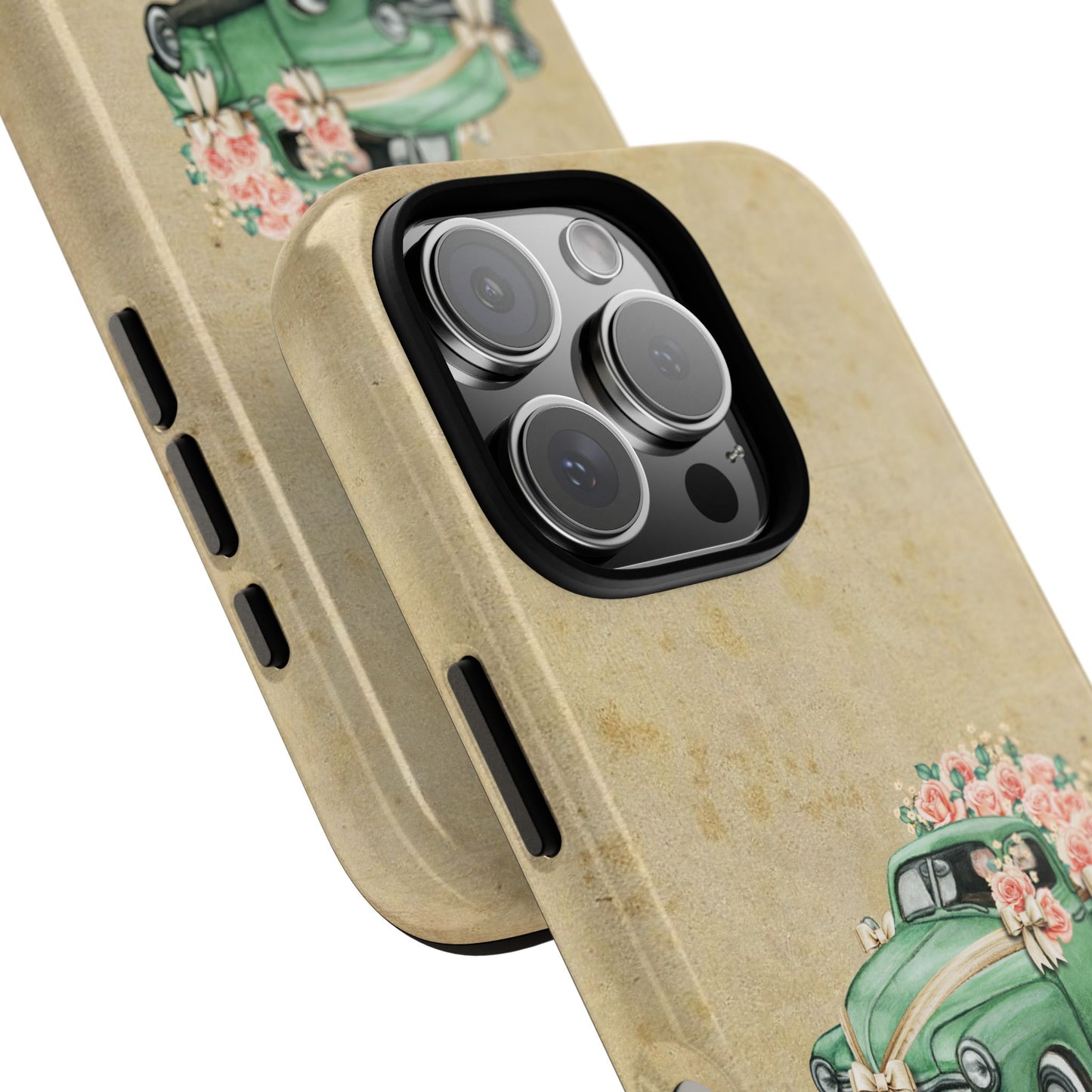 Minimal Vintage Floral Car Phone Case – Green Classic Car on Beige Background – for iPhone, Samsung & Google Pixel
