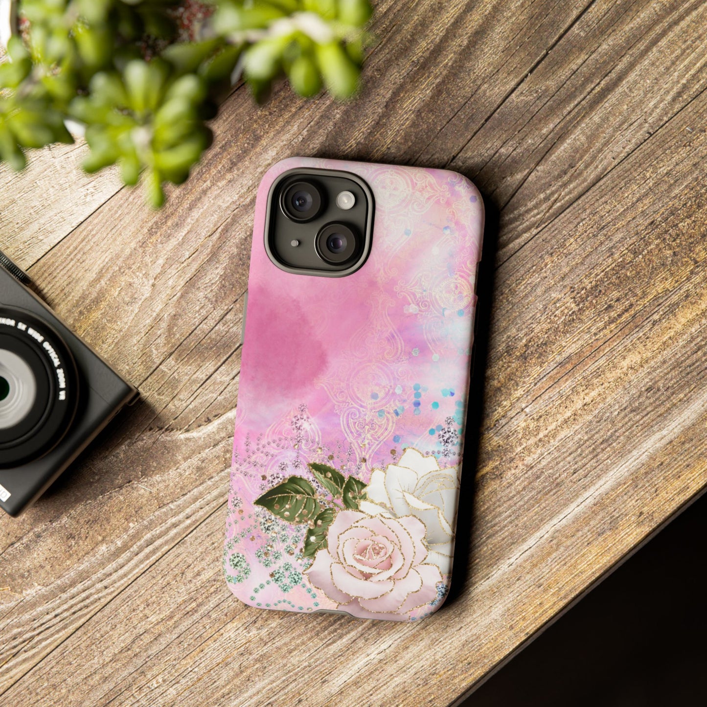 Luxury Pink & White Rose Glitter Mobile Case – Elegant & Shimmering Design