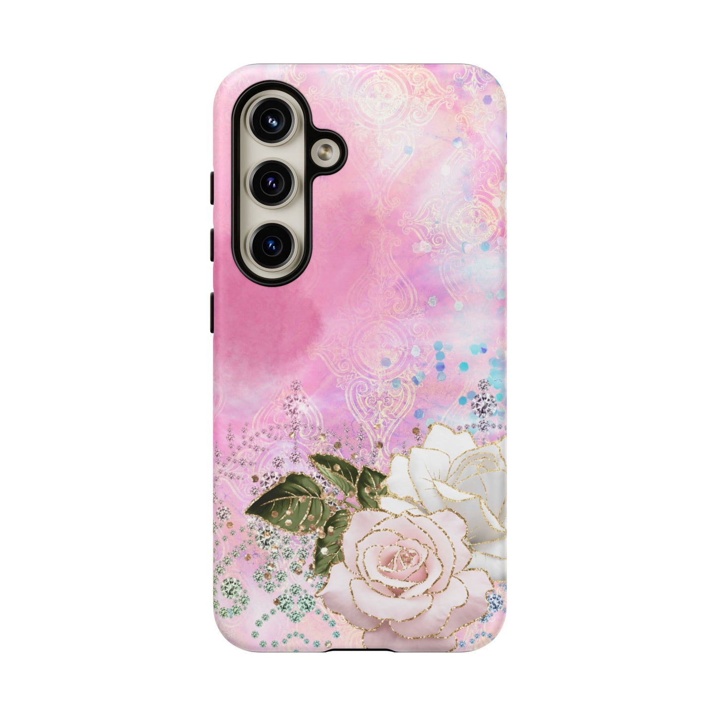 Luxury Pink & White Rose Glitter Mobile Case – Elegant & Shimmering Design