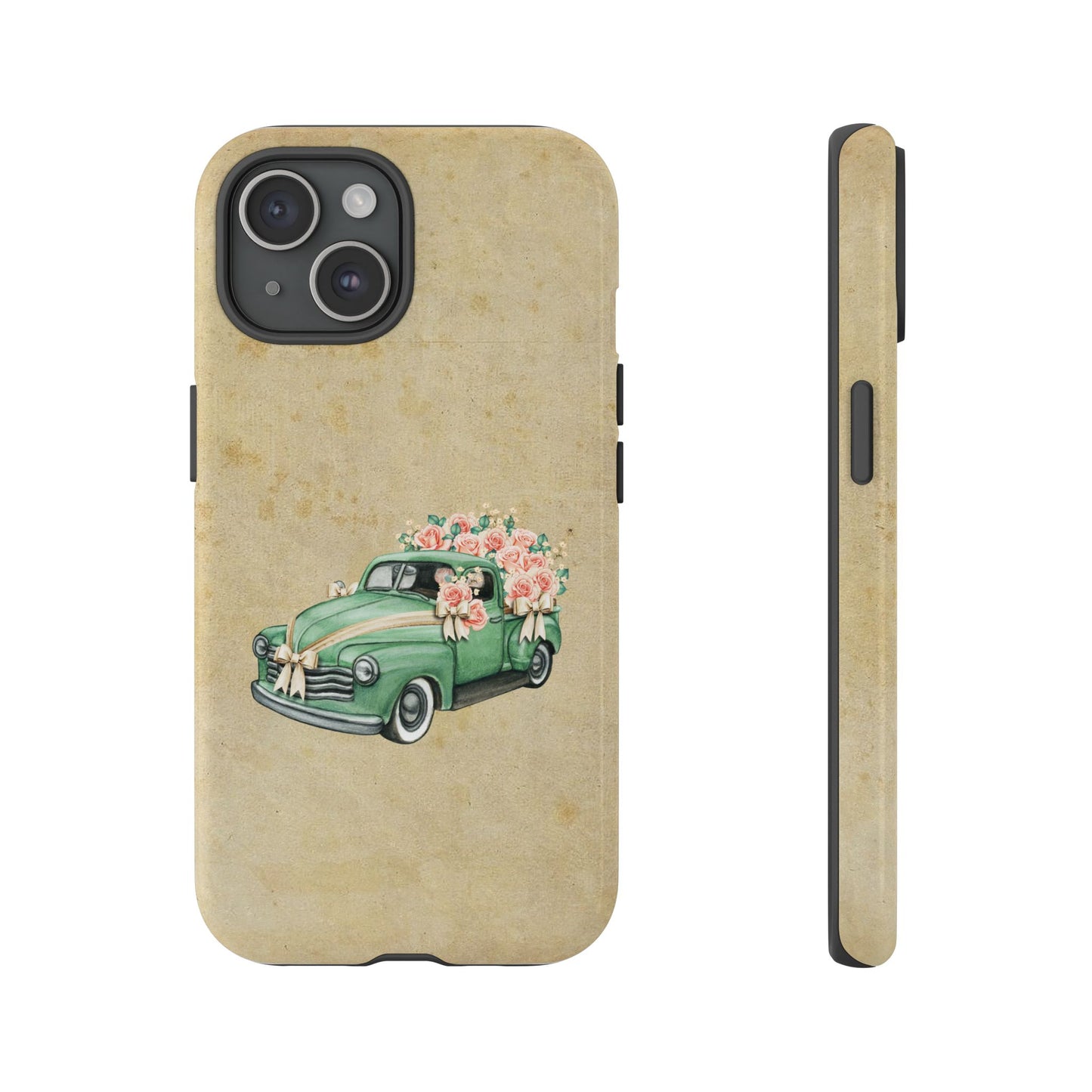 Minimal Vintage Floral Car Phone Case – Green Classic Car on Beige Background – for iPhone, Samsung & Google Pixel
