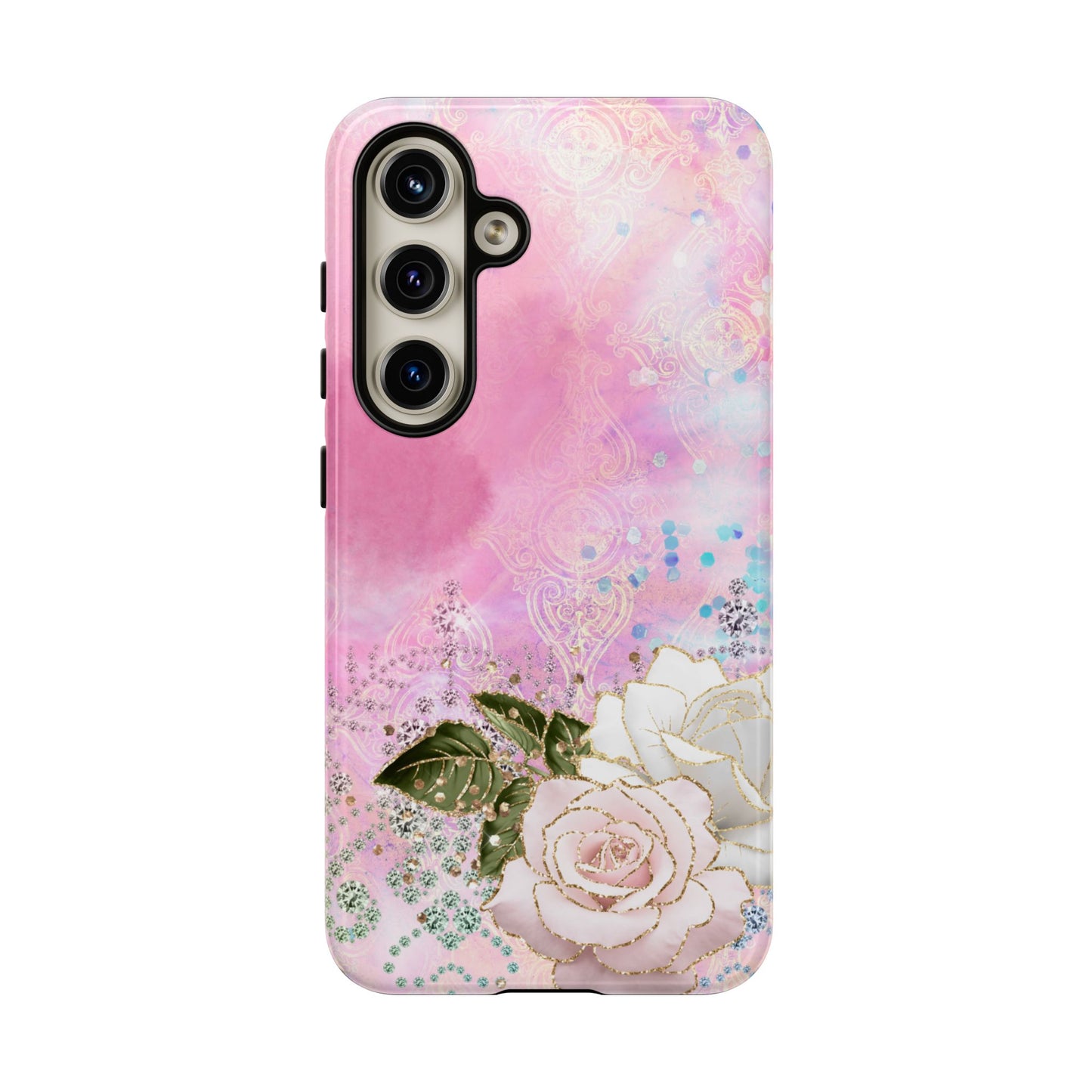 Luxury Pink & White Rose Glitter Mobile Case – Elegant & Shimmering Design