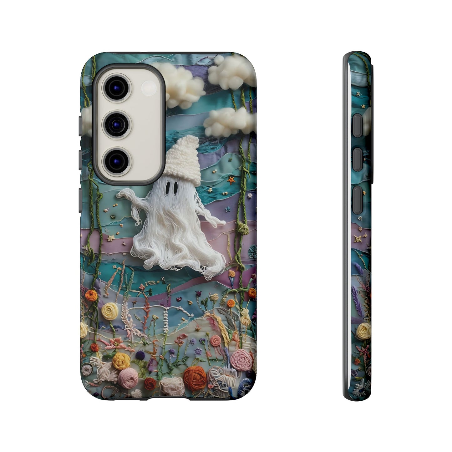 Whimsical Ghost Surrounded By Vibrant Embroidered Flowers phone case design.