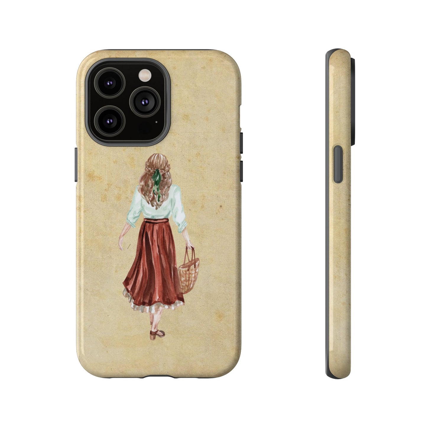 Minimal Vintage Girl with Bag Phone Case – Aesthetic Beige Design for iPhone, Samsung & Google Pixel
