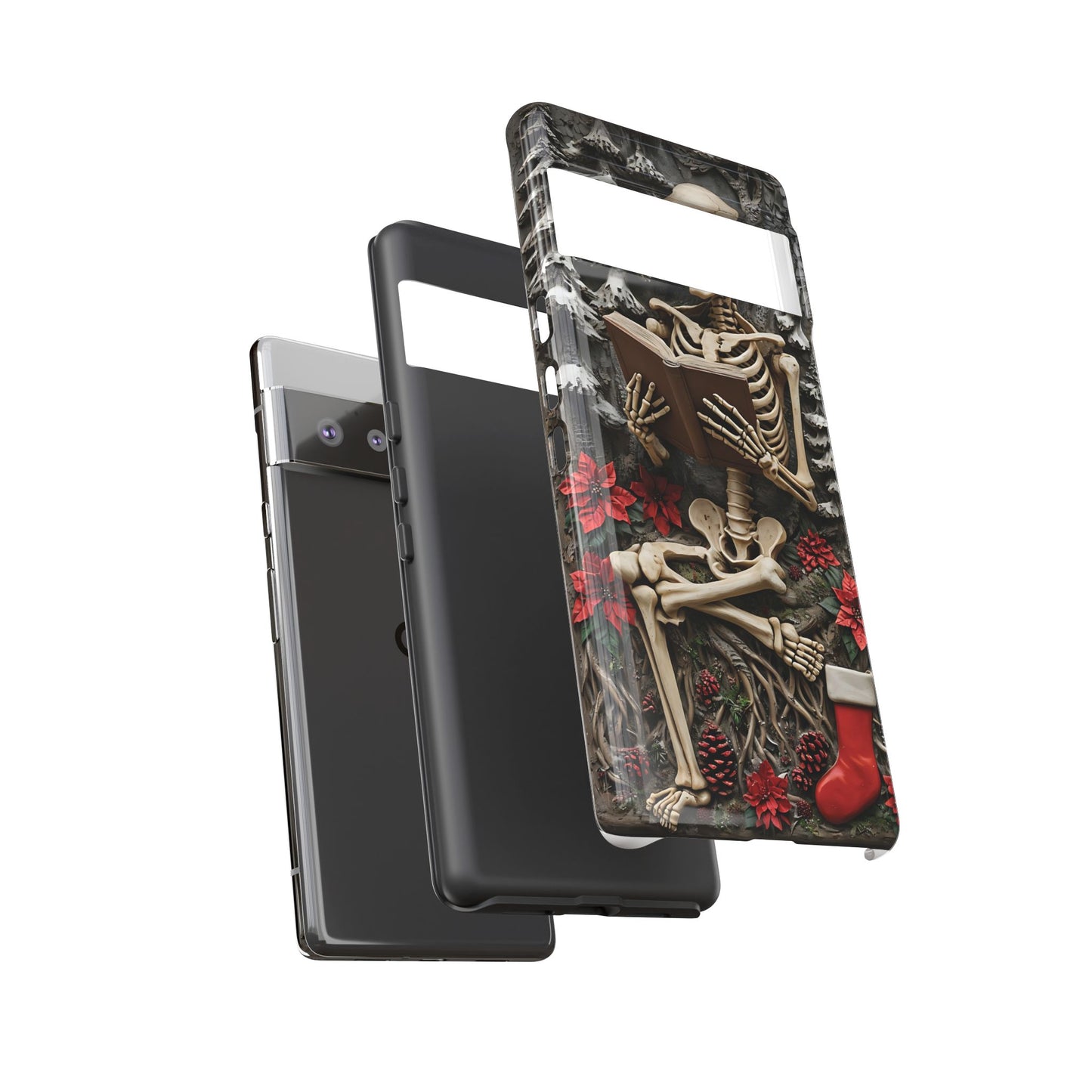 Surreal Relief Sculpture of Skeleton Reading Amidst Festive Decor phone case design