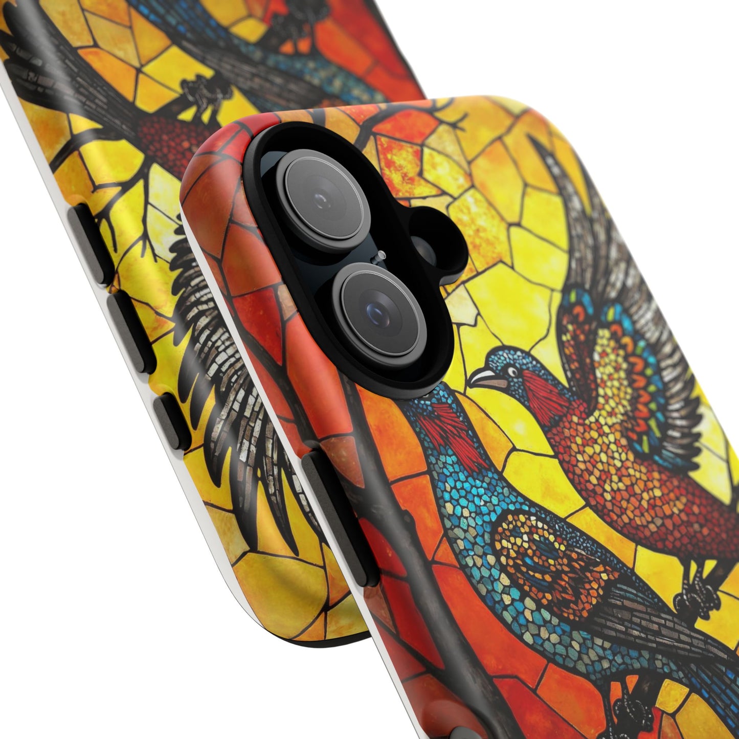 Vibrant Hummingbirds with Stained Glass Charm