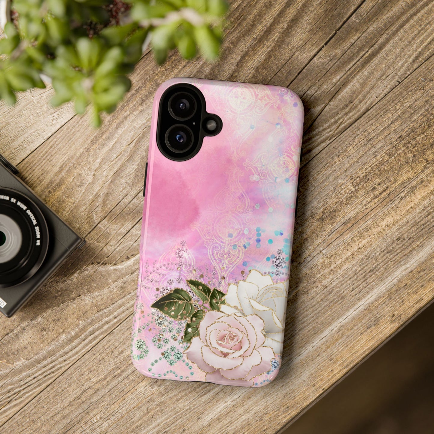 Luxury Pink & White Rose Glitter Mobile Case – Elegant & Shimmering Design