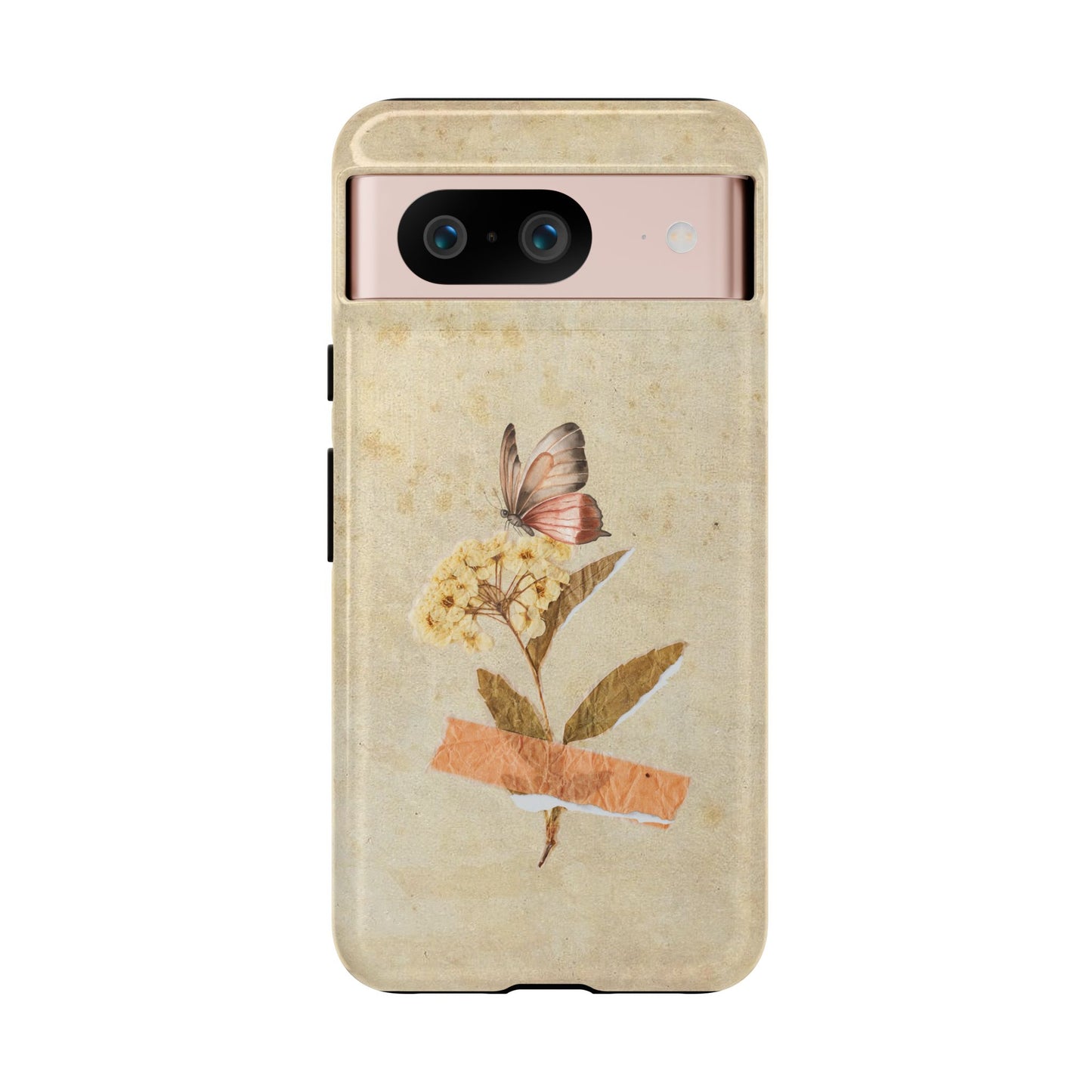 Minimal Vintage Floral Phone Case – Yellow Flower & Butterfly on Beige | For iPhone, Samsung & Google Pixel