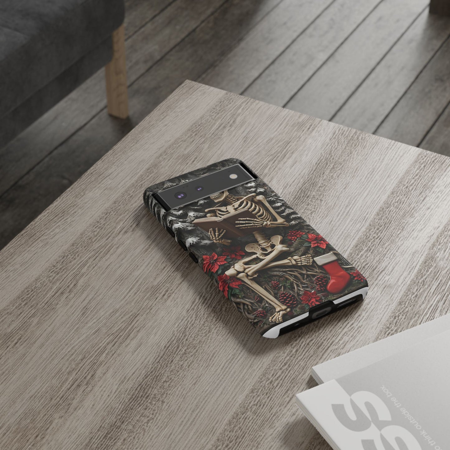 Surreal Relief Sculpture of Skeleton Reading Amidst Festive Decor phone case design