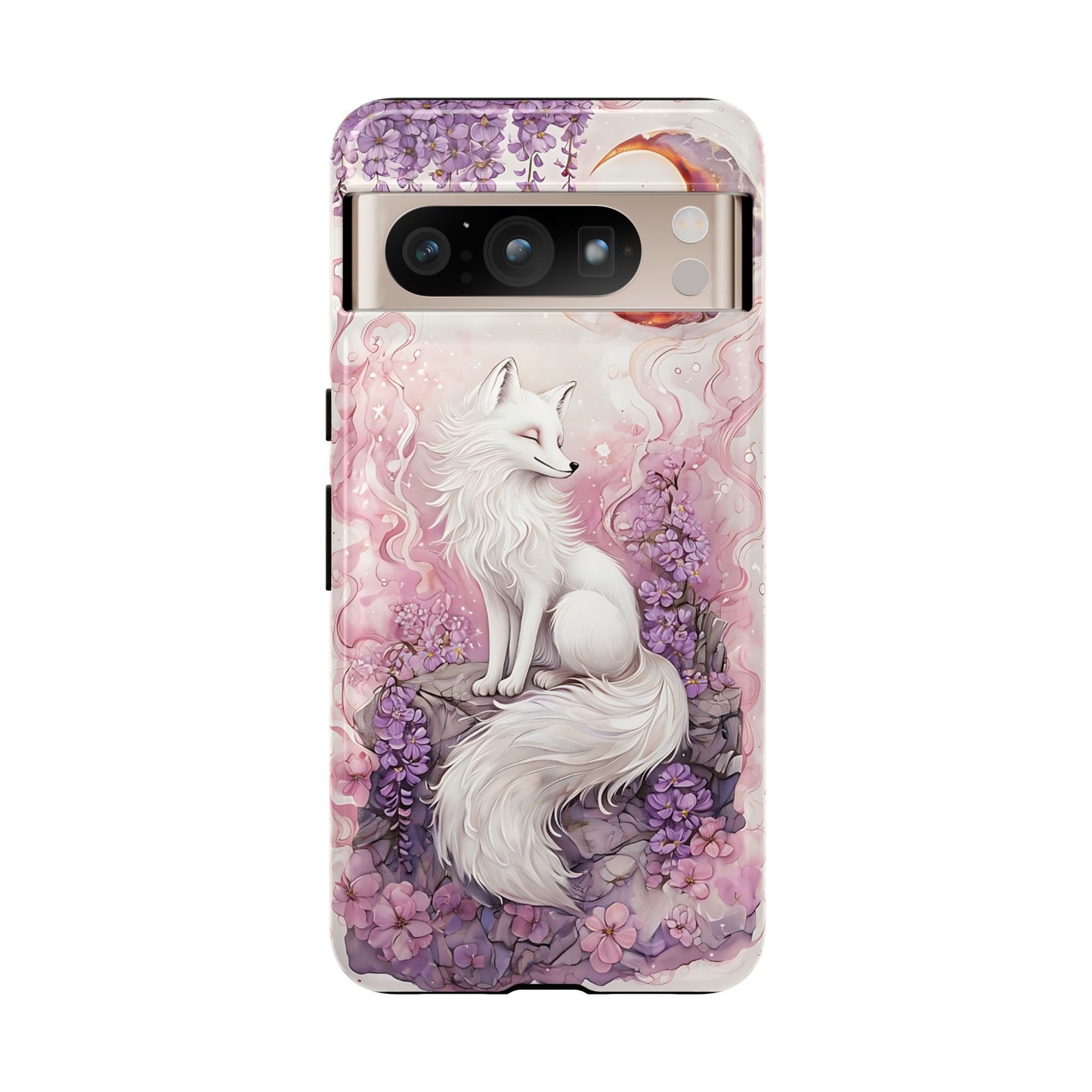 Whimsical White Fox Surrounded By Lavender And Pink Blooms phone case design.