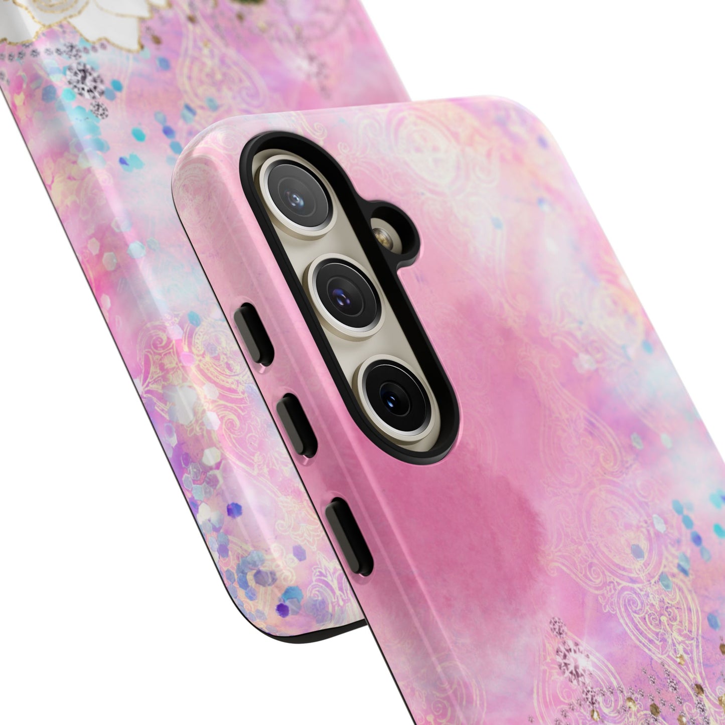 Luxury Pink & White Rose Glitter Mobile Case – Elegant & Shimmering Design