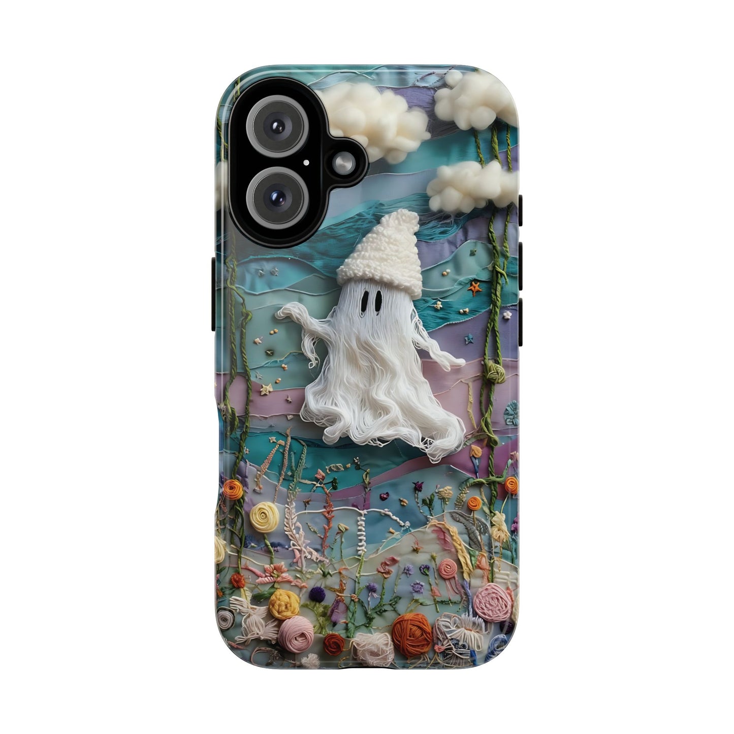 Whimsical Ghost Surrounded By Vibrant Embroidered Flowers phone case design.