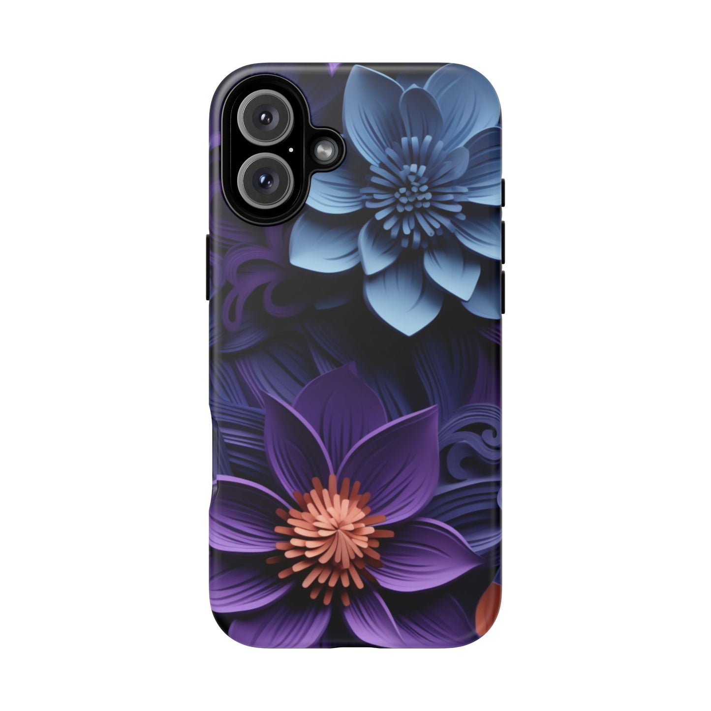 3D Floral Elegance Mobile Case – Midnight Blue & Purple Bloom