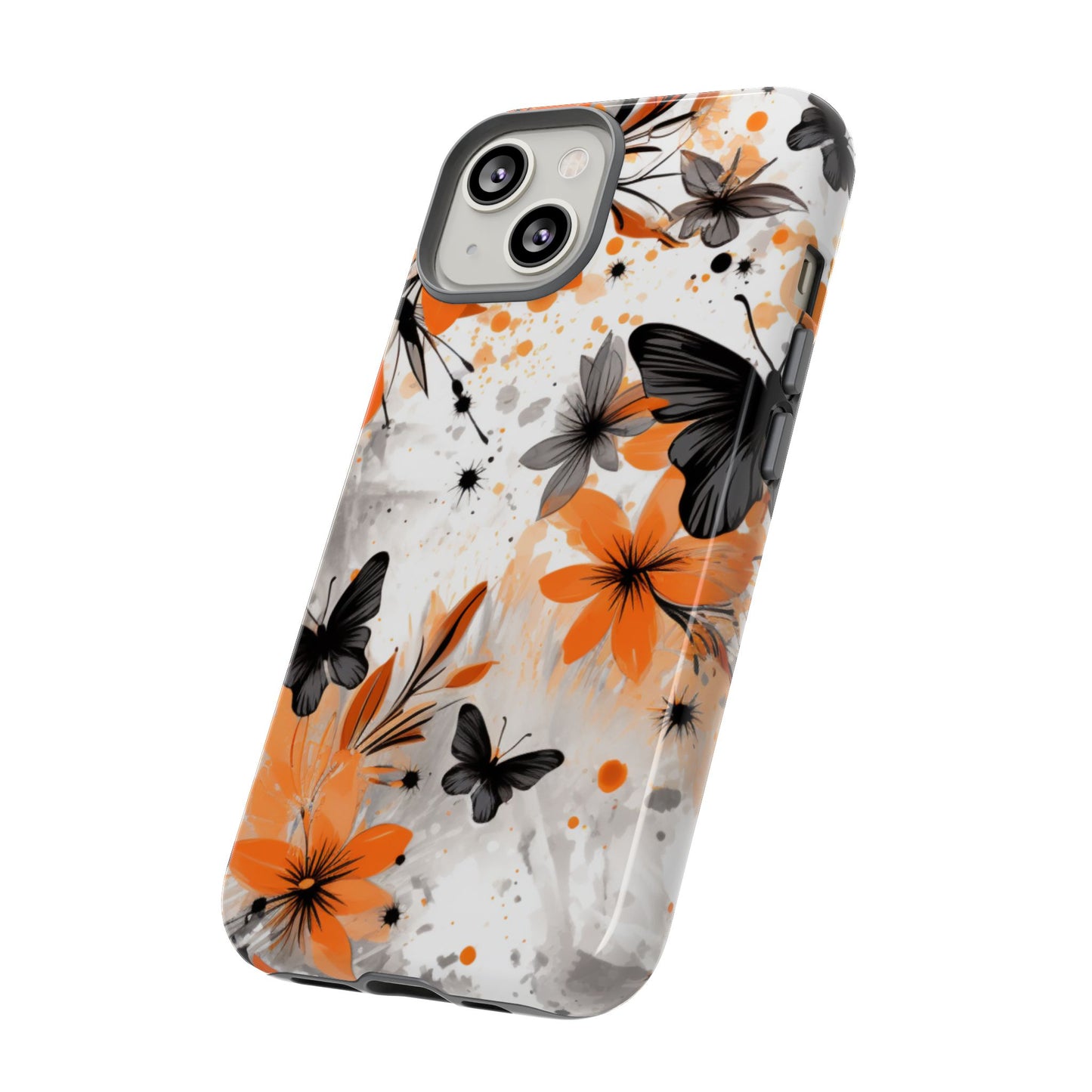 Bold Butterfly & Floral Splash Mobile Cover – Black & Orange Aesthetic
