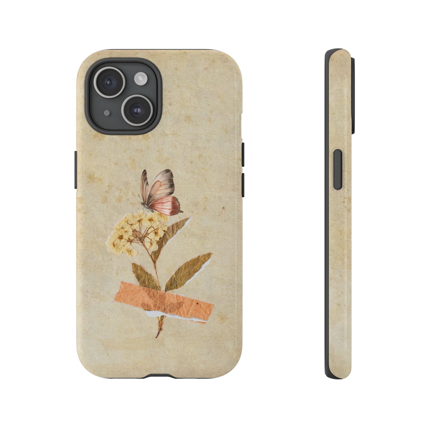 Minimal Vintage Floral Phone Case – Yellow Flower & Butterfly on Beige | For iPhone, Samsung & Google Pixel
