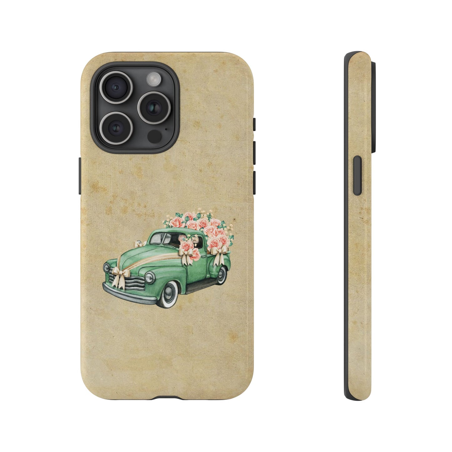 Minimal Vintage Floral Car Phone Case – Green Classic Car on Beige Background – for iPhone, Samsung & Google Pixel
