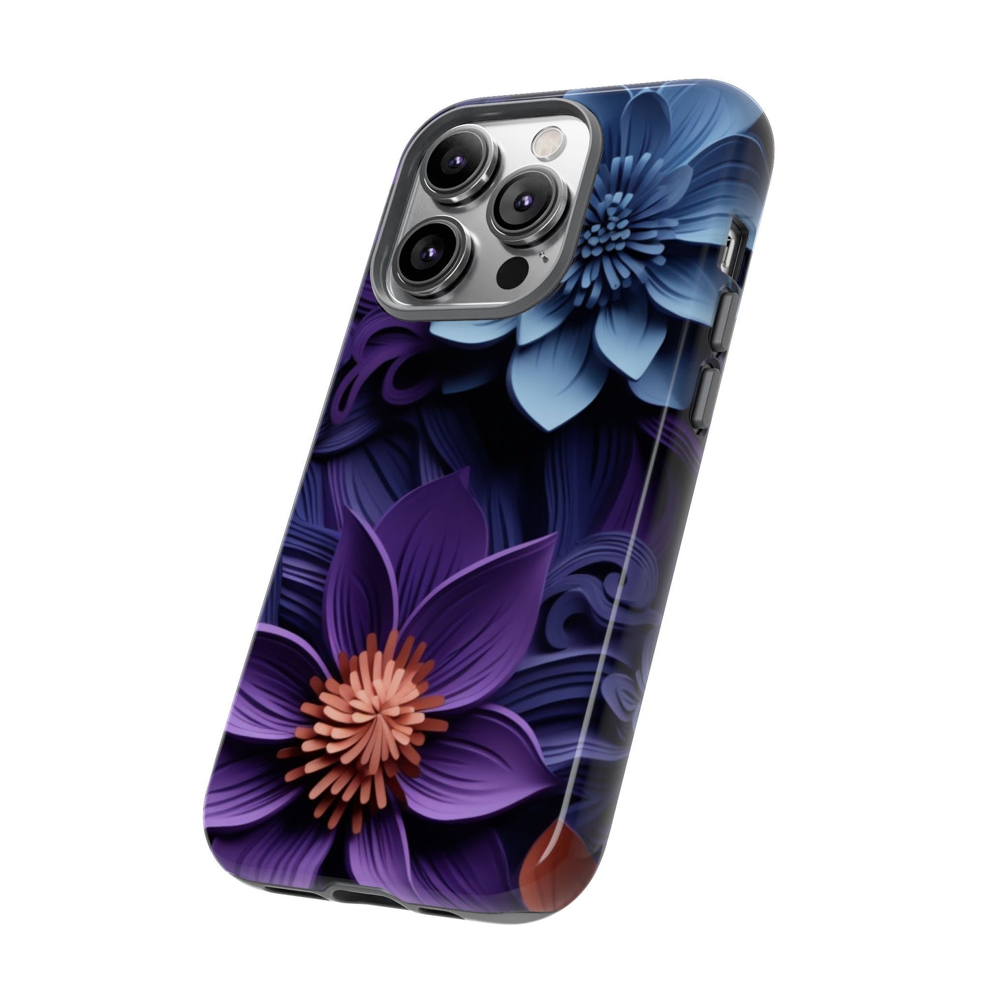 3D Floral Elegance Mobile Case – Midnight Blue & Purple Bloom