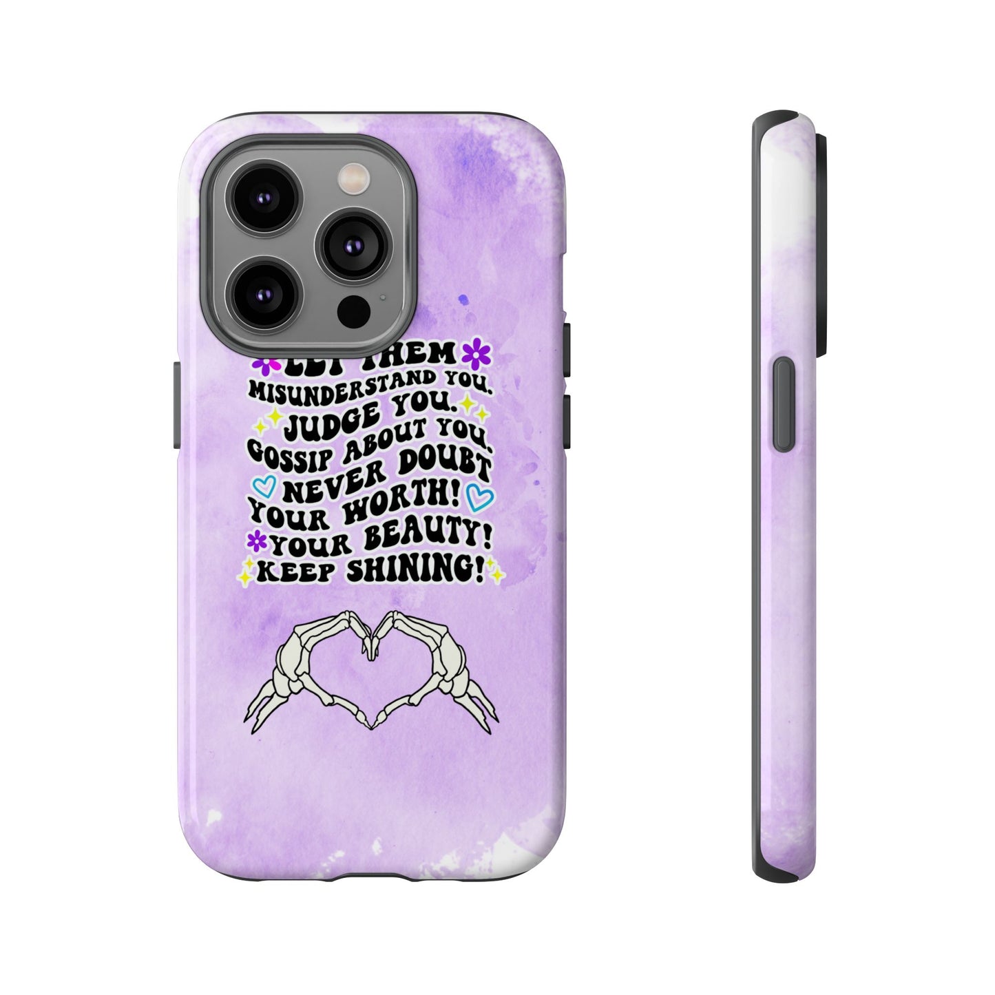 Skeleton Hand Heart Phone Case, Let Them Misunderstand You, Judge You, Gossip About You, Never Doubt Your Worth, Your Beauty Keep Shining Phone Case, Motivational Quote Cover for iPhone, Samsung & Google Pixel White Peach Checkered Pattern Phone Cover