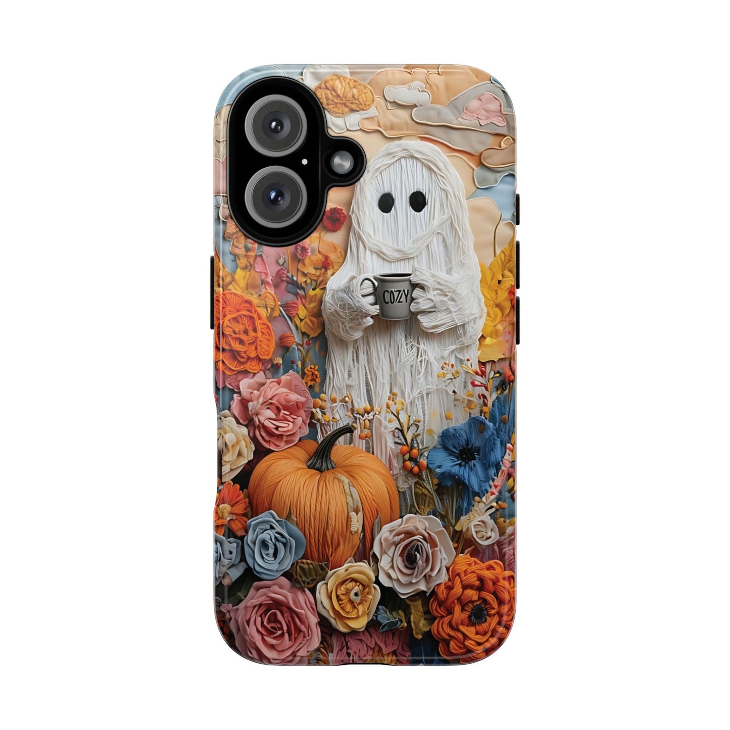 Colorful Whimsical Artwork of Ghost in Autumn Scene phone case design.