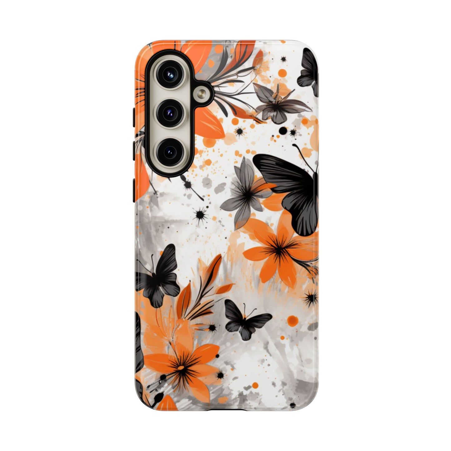 Bold Butterfly & Floral Splash Mobile Cover – Black & Orange Aesthetic