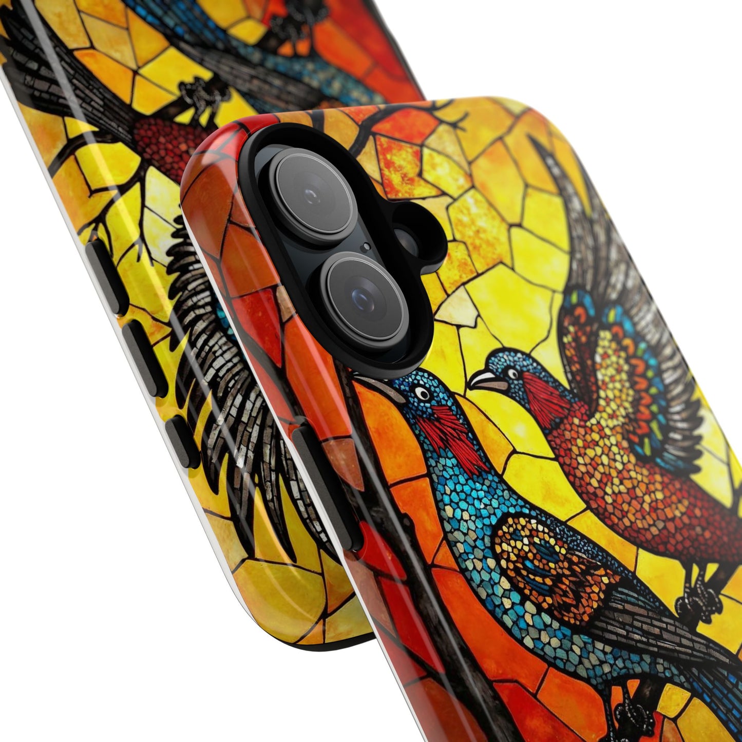Vibrant Hummingbirds with Stained Glass Charm