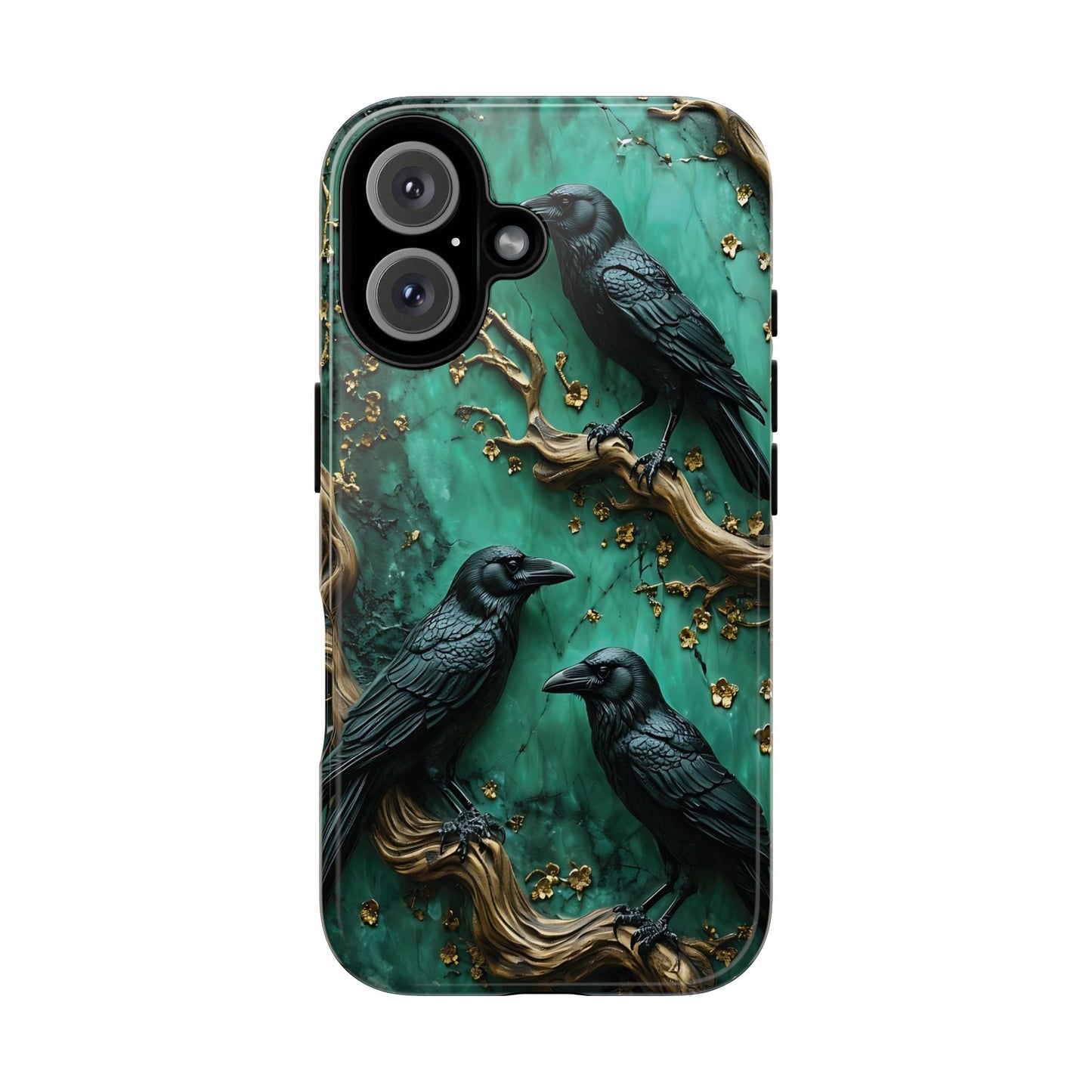 Three Black Ravens Perched On Gold-Accent Branches phone case design