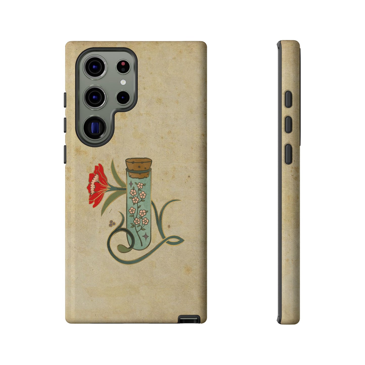 Vintage Floral Glass Tube Phone Case – Minimal Aesthetic, Beige Background (iPhone, Samsung, Pixel)