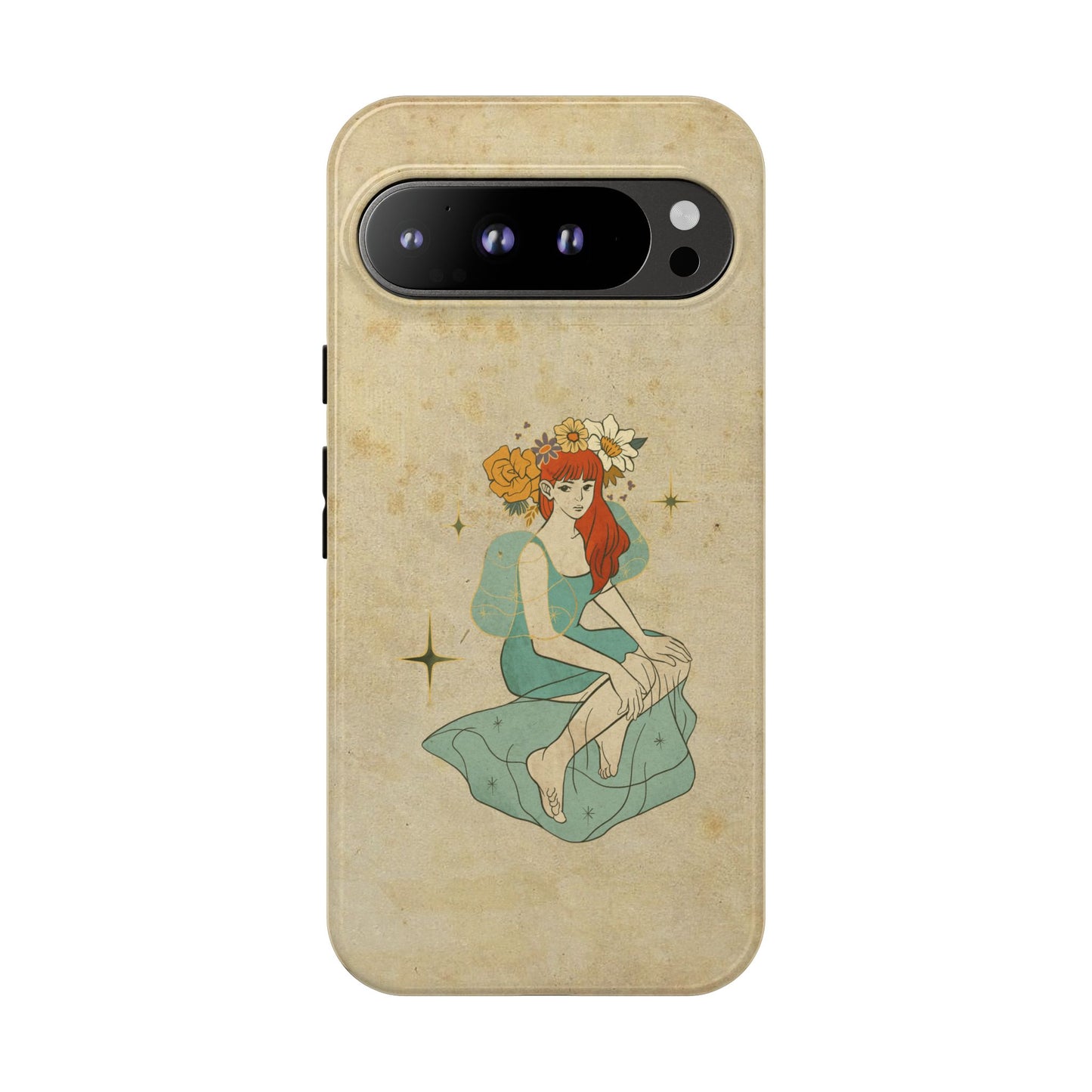Vintage Aesthetic Phone Case – Cute Girl with Flower Crown | Minimal Beige Cover for iPhone, Samsung & Pixel