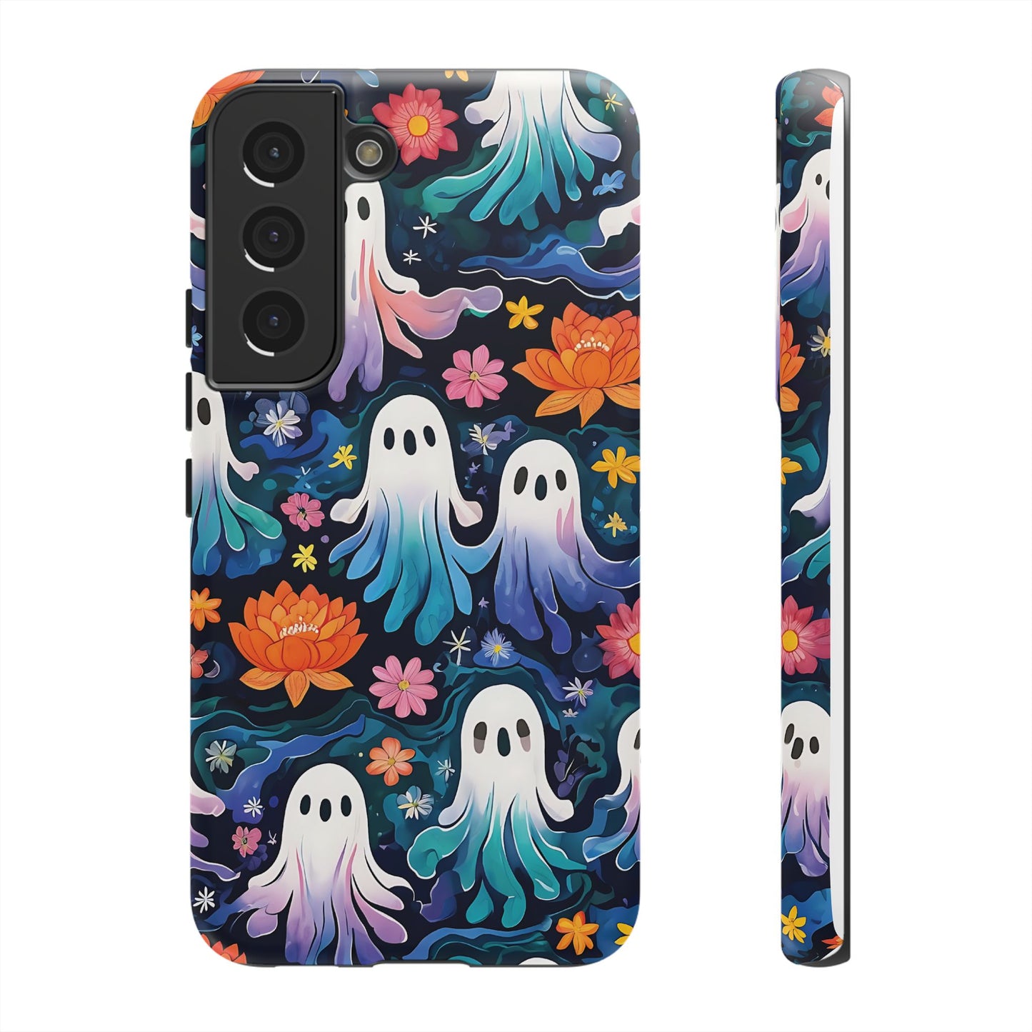 Whimsical Pattern Of Ghosts And Colorful Flowers phone case design.