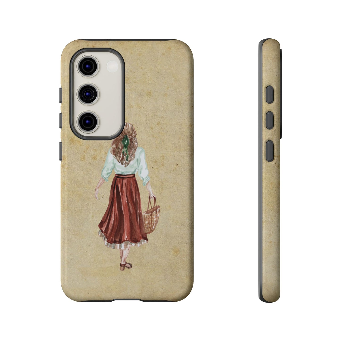 Minimal Vintage Girl with Bag Phone Case – Aesthetic Beige Design for iPhone, Samsung & Google Pixel
