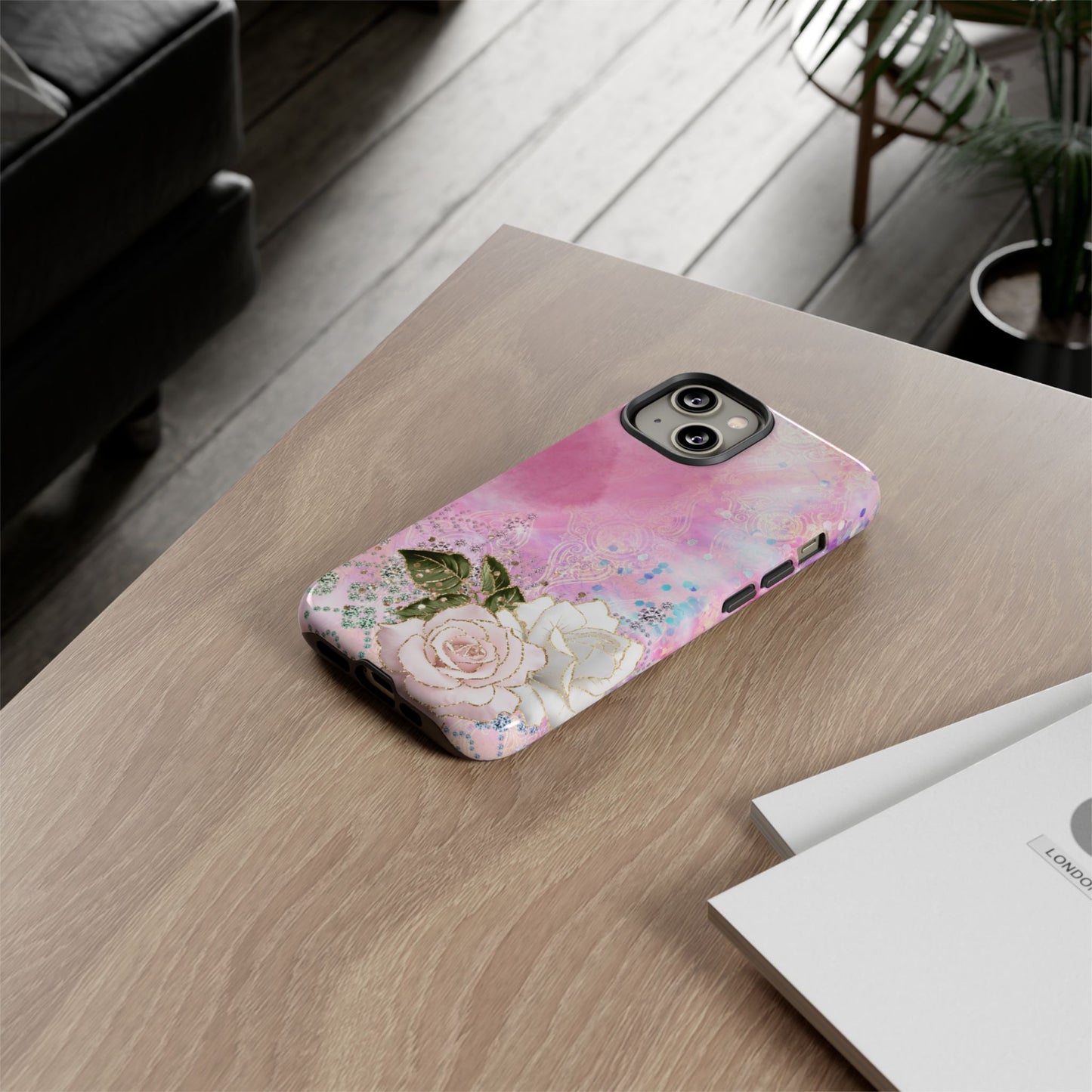 Luxury Pink & White Rose Glitter Mobile Case – Elegant & Shimmering Design