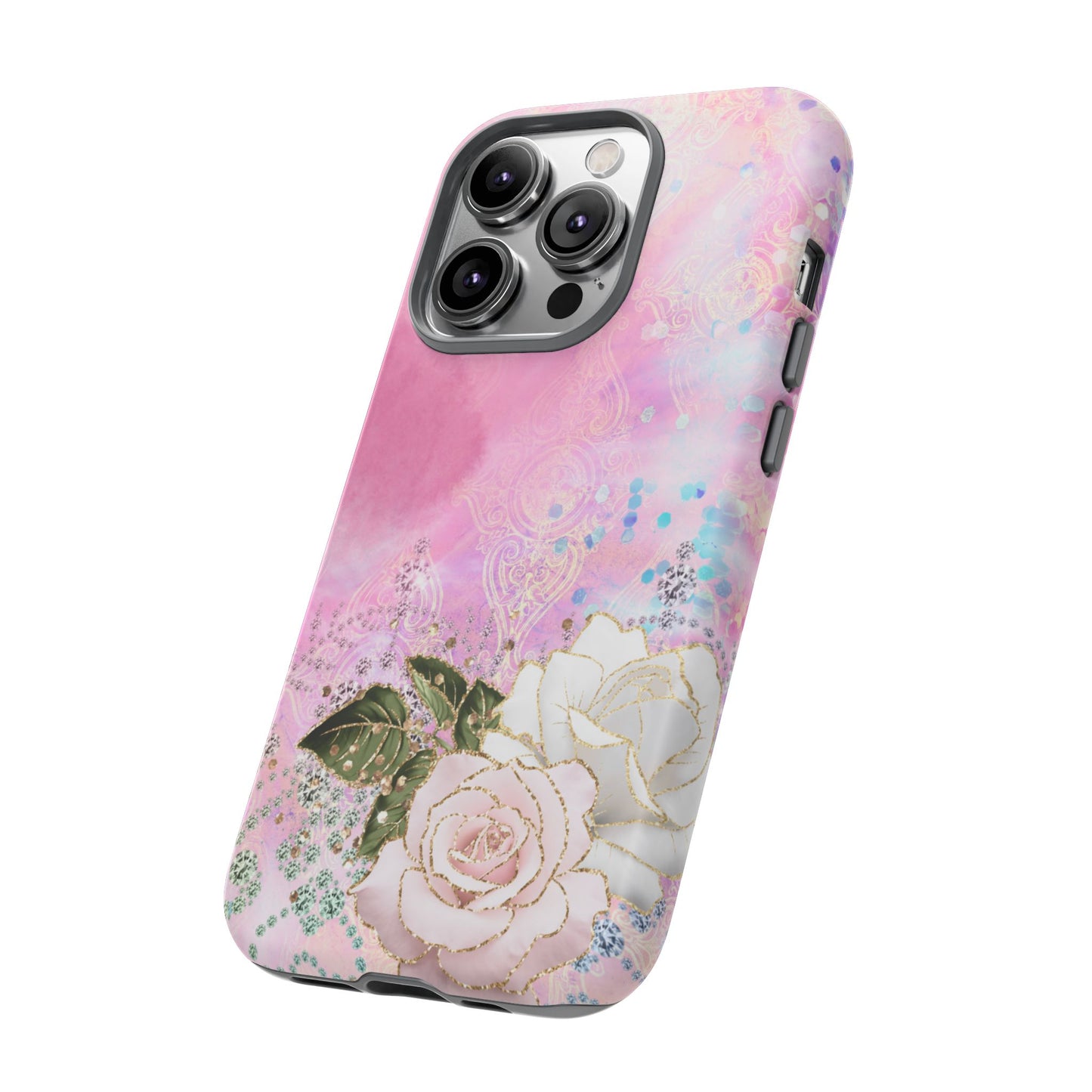 Luxury Pink & White Rose Glitter Mobile Case – Elegant & Shimmering Design