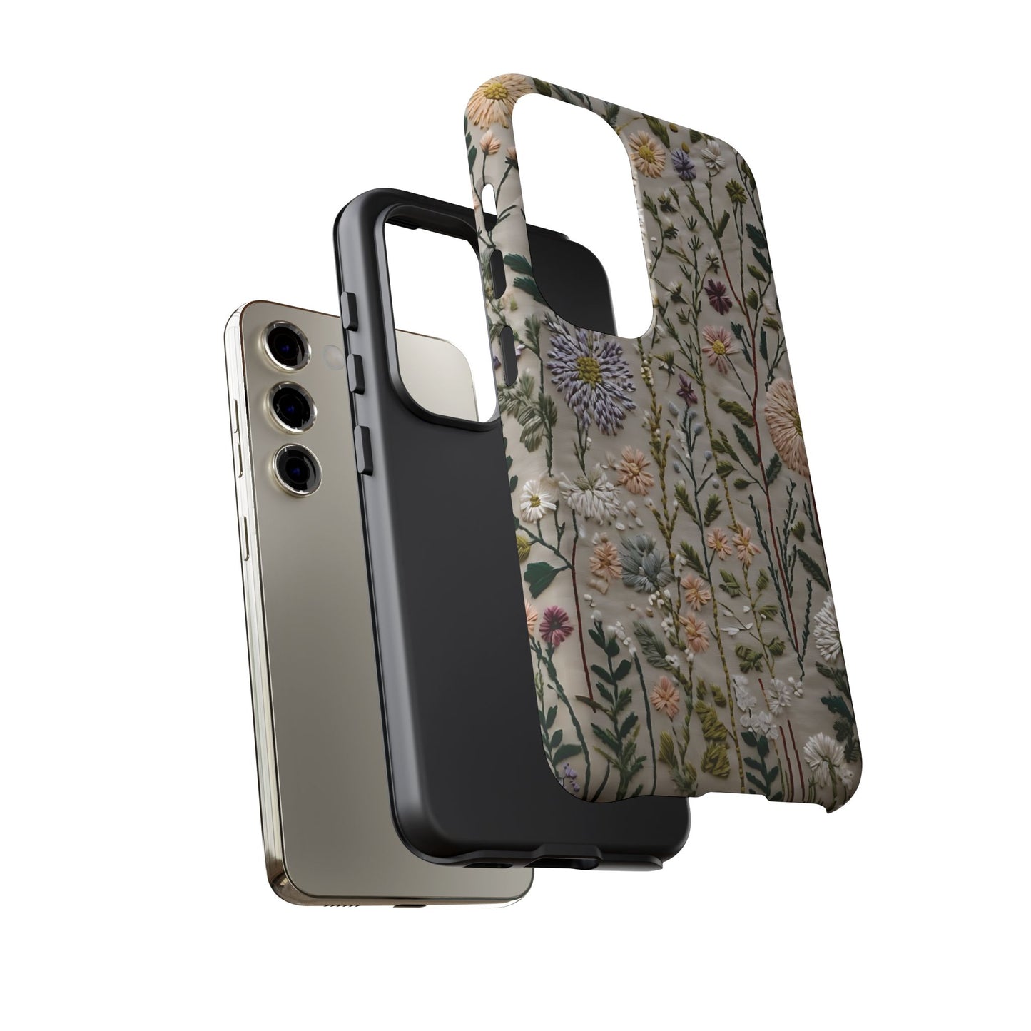 Intricate Embroidery Artwork Featuring Botanical Elements On Beige phone case design.