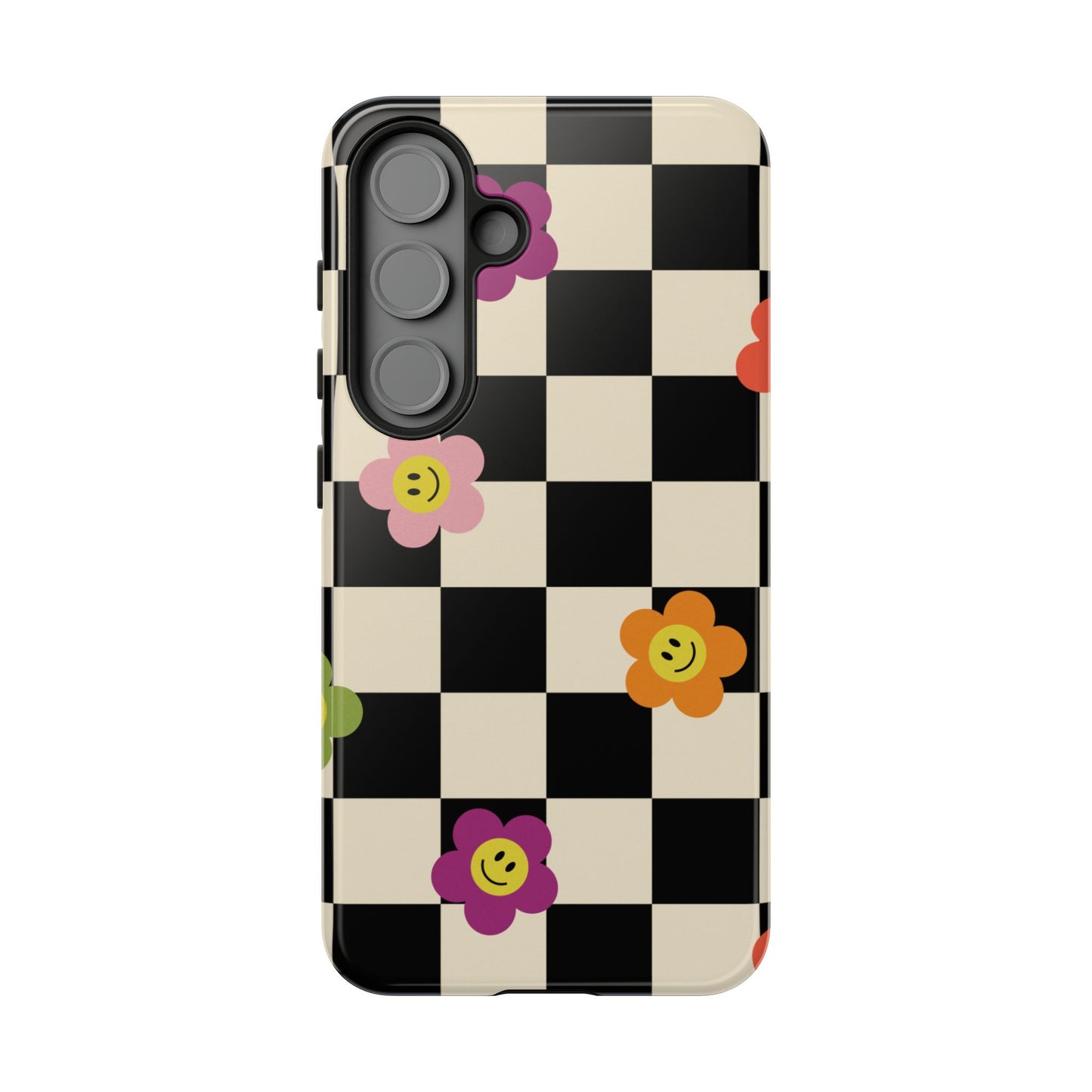 Retro Floral Phone Case – Vintage Flowers on Black & Beige Tiles, Chess Phone Case | For iPhone, Samsung & Google Pixel